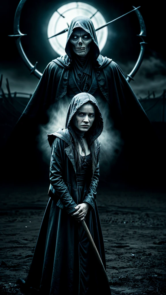 (black grim reaper,scary reaper,hooded figure),terrified girl,sharp scythe,(dark,crypt-like) background,cold mist,ominous atmosphere,creepy shadows,ominous presence,dark aura,spooky setting,panicked expression,fearful eyes,frozen in fear,horrifying encounter,mysterious figure,horror scene,dreadful moment,secrets of the afterlife,sinister being,haunting presence,nightmarish vision,gothic style,unearthly silhouette,death personified,macabre theme,intense emotions,goosebumps-inducing,unsettling ambiance,heart-pounding fear,ominous feeling,moment of peril,intense suspense,dark destiny,frantic escape,haunting beauty,breathless terror,apprehensive atmosphere
