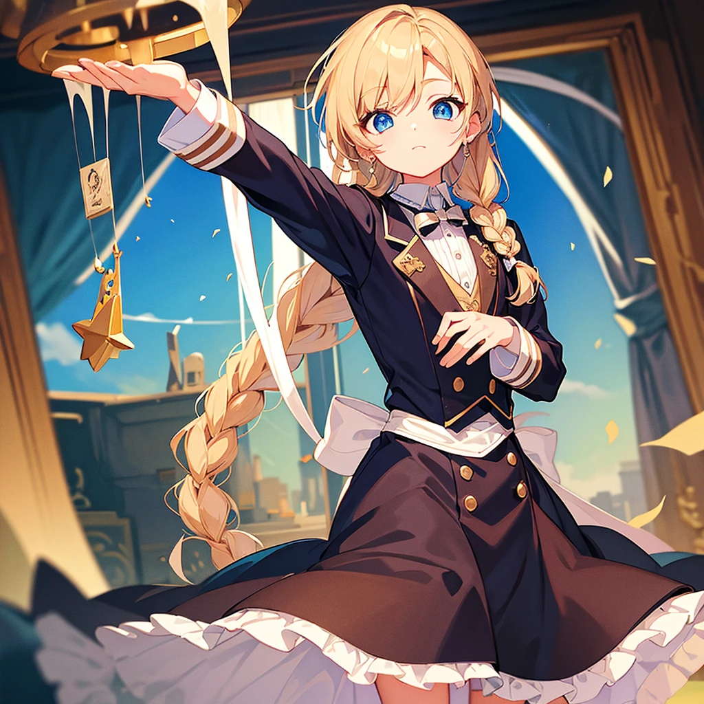 highest quality、masterpiece、Chibi Character、3 years old、boy、Brownの髪、Blue eyes、Butler's Uniform、Looking up、Cowboy Shot、hair、Brown、Side braid