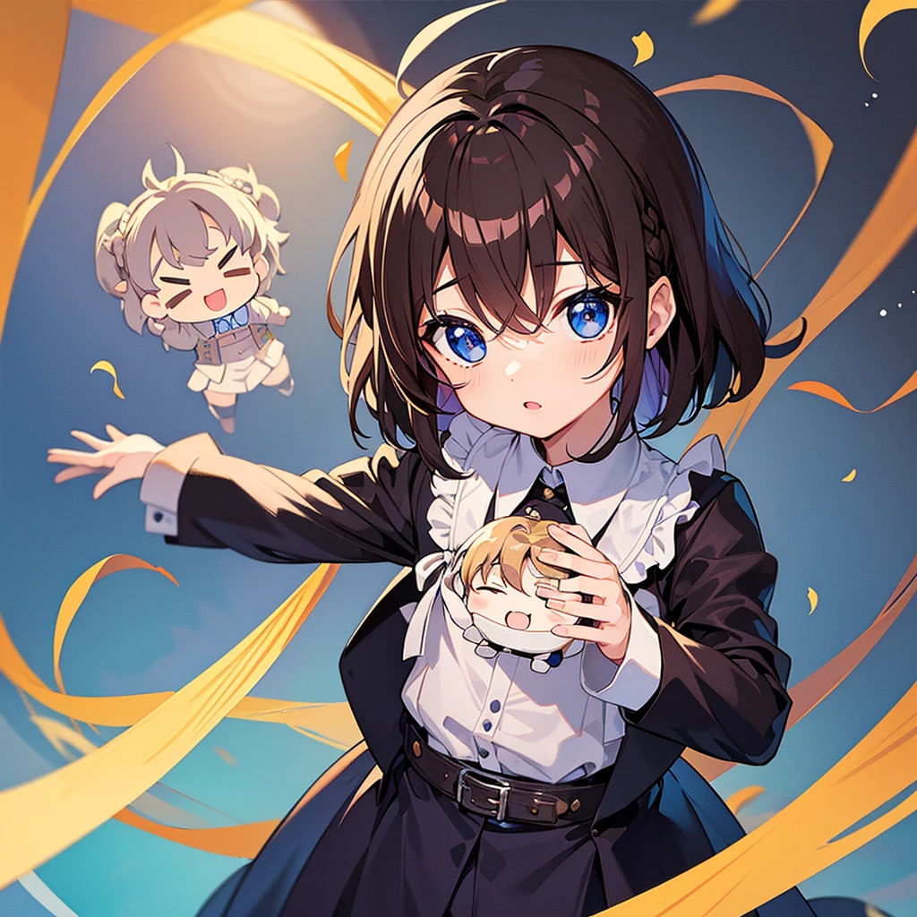 highest quality、masterpiece、Chibi Character、3 years old、boy、Brownの髪、Blue eyes、Butler's Uniform、Looking up、Cowboy Shot、hair、Brown、Side braid
