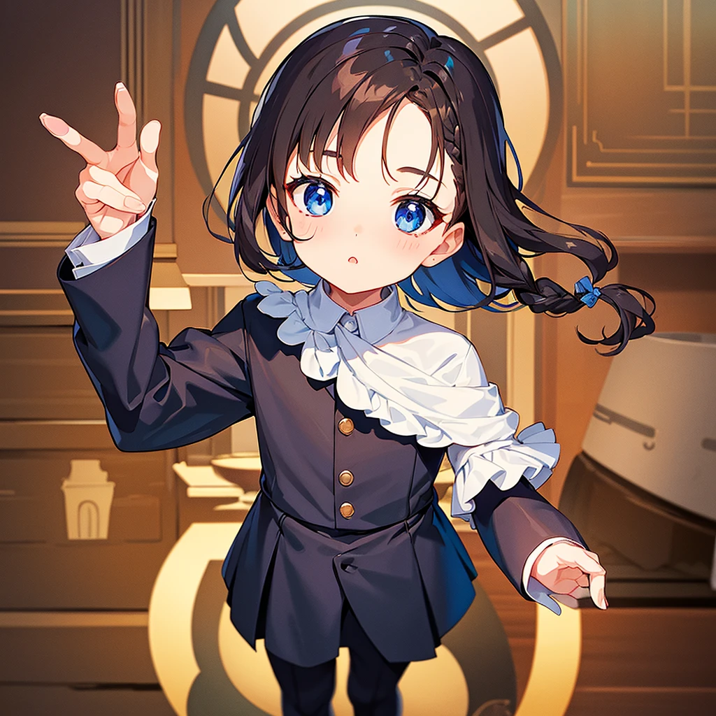 highest quality、masterpiece、Chibi Character、3 years old、boy、Brownの髪、Blue eyes、Butler's Uniform、Looking up、Cowboy Shot、hair、Brown、Side braid
