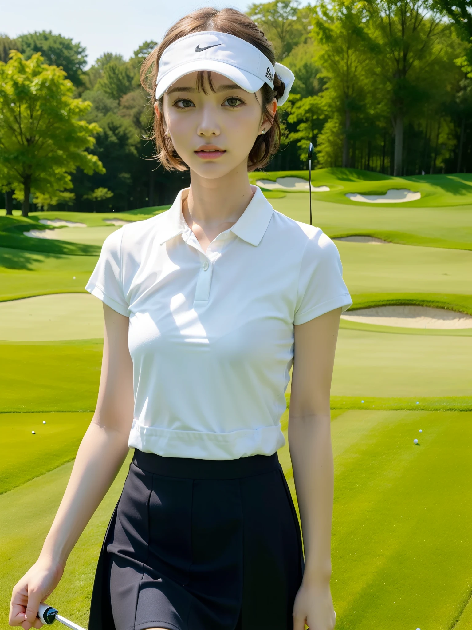 ((Best of the highest quality, 8k, Masterpiece: 1.3, raw photo)), Sharp focus: 1.2, (1 AESPA, slim body type female, 21 y/o: 1.1), (Solo: 1.2), (realistic, photo-realistic:1.37), face focus, cute face, finely eyes, side lighting, using reflectors, (small breasts, flat chest, Thigh: 1.3), (short messy hair, updo: 1.28), (golf wear, skirt, sun visor: 1.32), (ribbon:1.2), walking Golf course, sun light, flower