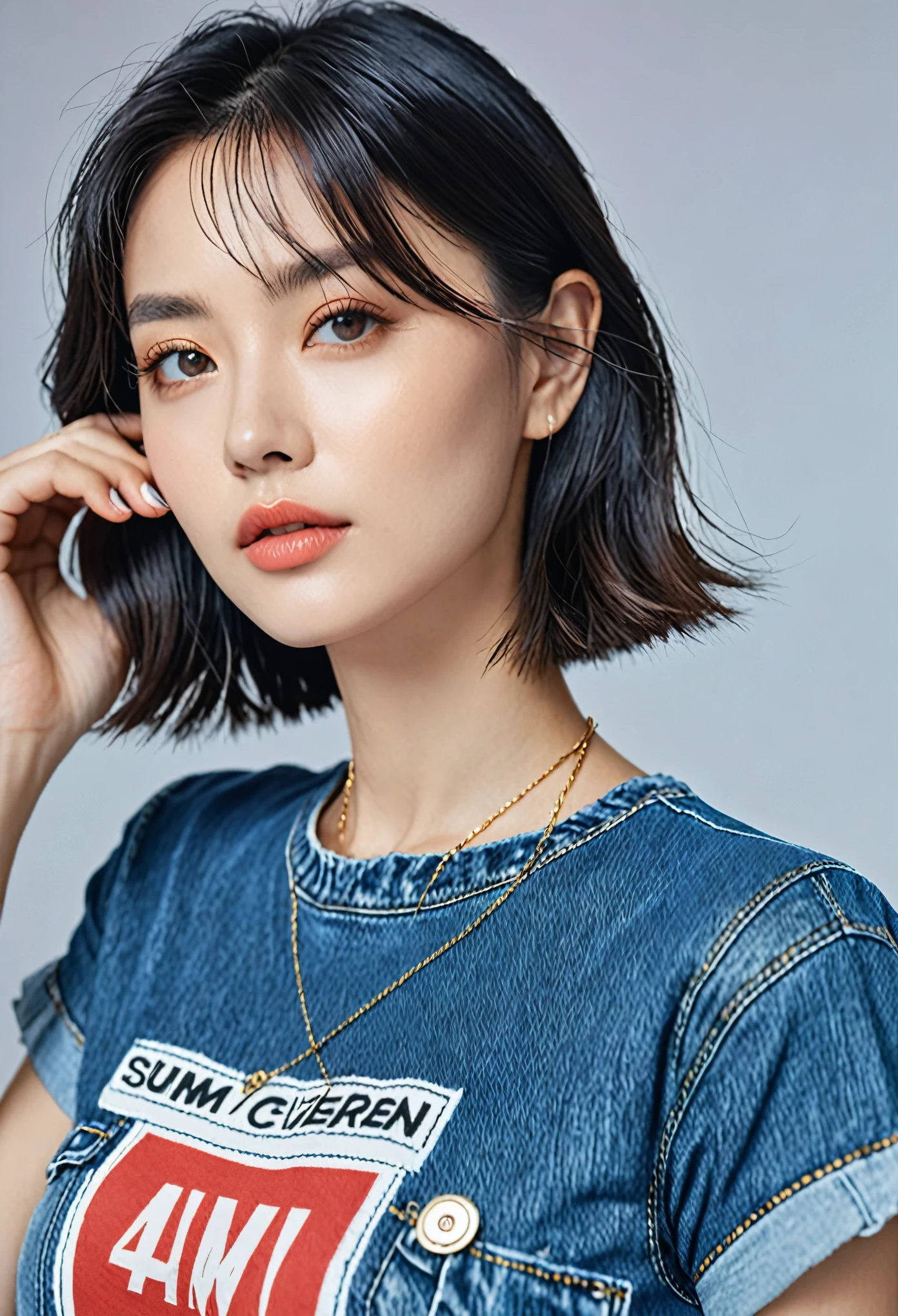 (RAW Photos, 4K, masterpiece, High resolution, Very complex) (Realistic: 1.4), Cinema Lighting, 1 girl, Focus Only, Summer noon, hot, 1990s (style), Denim Lenses, indoor, Short sleeve T-shirt