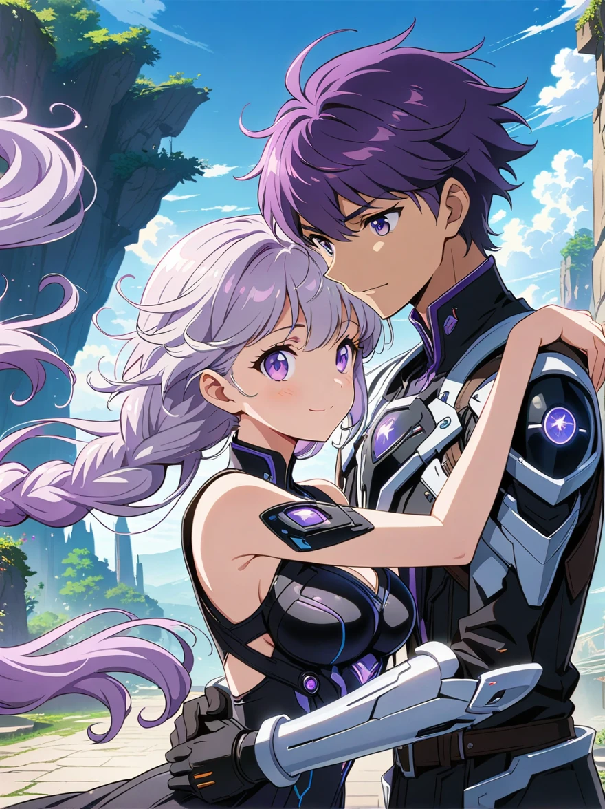 (1yj1)，Close shot, 1gir, 1boy, Embrace，Eyes look at you，Purple Hair，Purple Eyes，Long hair，Gray hair，Ponytail，(White mechanical battle armor BREAK Future technology black dress), (1 couple)，Anime character with purple cloak，流行的Different world动漫，Official Anime Artwork，Official Fan Art，Official Art，Fantasy style anime，Shadow Poetry Style，detailed key anime art，Fantasy Anime Series，Different world，Headquarters Artwork，8K，future，hero，Doujin Art Artstation