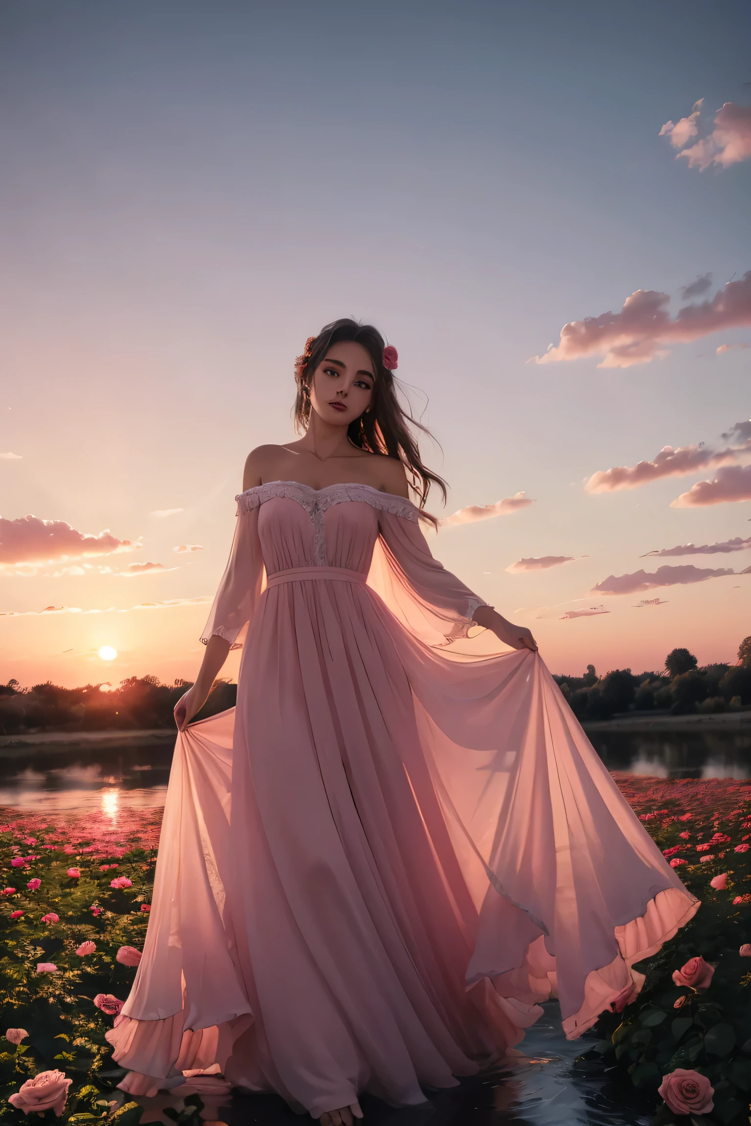 Fille, champs de fleur 🌹, roses, rivers, robe rose et magnifique, sunset
