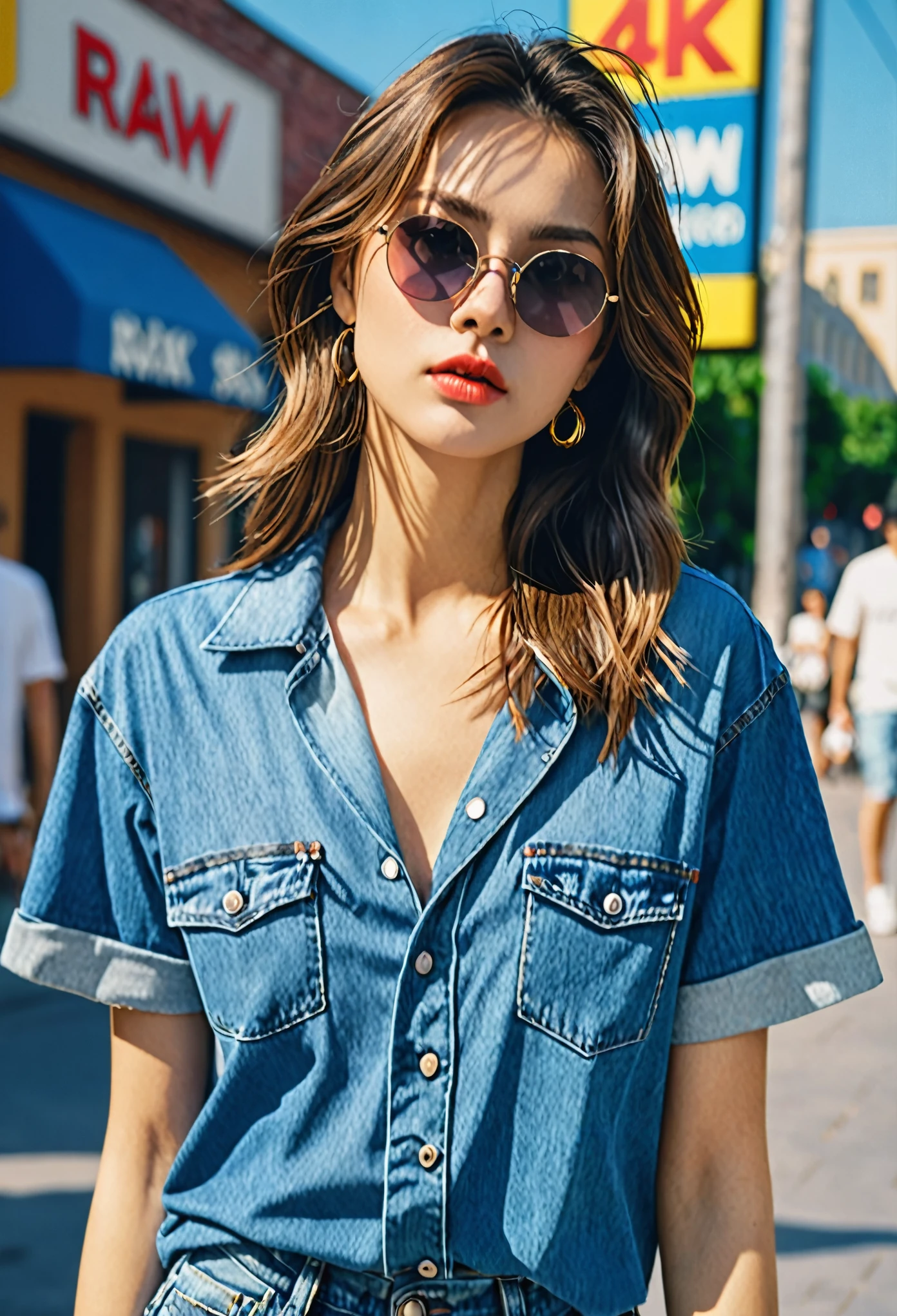 (RAW Photos, 4K, masterpiece, High resolution, Very complex) (Realistic: 1.4), Cinema Lighting, 1 girl, Focus Only, Summer noon, hot, 1990s (style), Denim Lenses, indoor, Short sleeve T-shirt