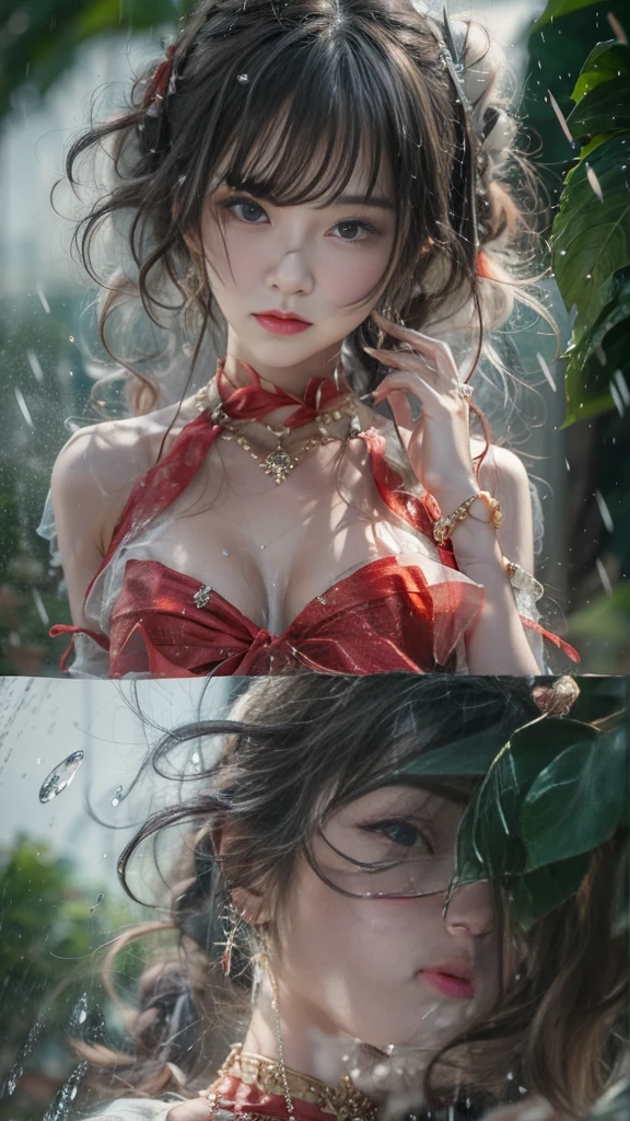 (RAW shooting, Detailed:1.3, 32k:1.5, highest quality, masterpiece, Ultra-high resolution), Perfect dynamic composition:1.3, (heavy snow, On the Cliff:0.7, Majestic Background:0.7, Expressions of sadness:0.9), 非常にDetailed肌と顔の質感:1.3, Wet slim woman:1.0, Random Shot, Fair skin:1.2, Mystical Expressions:1.0, Incredibly slim body:1.2, Fractal Art:1.1, Very beautiful face:1.1, Water droplets on the skin, (Rain drips down on my body:1.1, Wet body:1.1, Wet Hair:1.1), (Standing Pro:0.8, With a wet bouquet:0.9, Beautiful red maxi dress portrait:1.0, Woven Belt), Shapely breasts, (Big eyes that exude beautiful eroticism:0.5, Lips that exude beautiful eroticism:0.5), I love you, Very sweet atmosphere, necklace, Earrings, bracelet