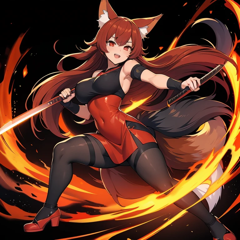A female fox with long hair and five long tails walking toward the viewer with a sinister and flirty aura while snickering, her pose highlights her cunning and devious nature while using fire to burn down a forest.