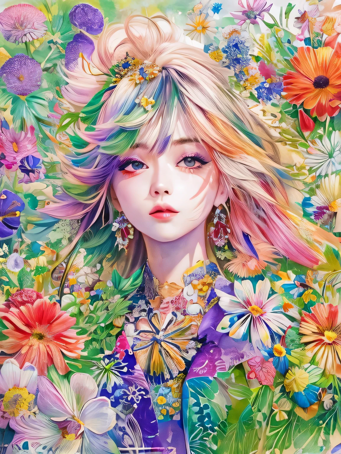 Hiromi Matsuo Style、(((stylish fashion))), 8K Quality、Intense watercolor, Detailed watercolor art, Watercolor splash, Surreal, avant-garde pop art, Beautiful and expressive paintings, Beautiful artwork illustration, Very colorful tones, wonderful, Cool beauty, highest quality、Official Art, Vector art, Stylish design, (((The most beautiful girl))), (((highest quality))), HDR, ((detailed)), (((Doodle Art)), ((masterpiece)), ((Super detailed)), (((Colorful flowers))),(((Stylish))),