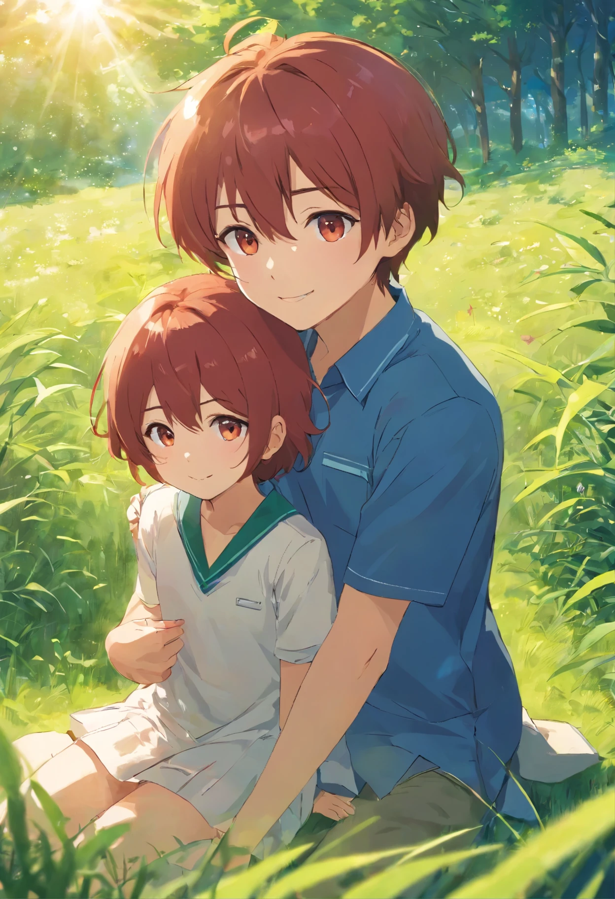 couple d'une homme avec une femme avec leur enfant qui est un petit garçon, the woman is a hazel-eyed redhead with shoulder-length curly hair and bangs and is wearing a red dress, l'homme a des cheveux jaune et a des yeux bleus, il a une barbe et porte une chemise à rayures avec un foulard autour du cou, les trois sont assis dans l'herbe et font un sourire, il y a du soleil