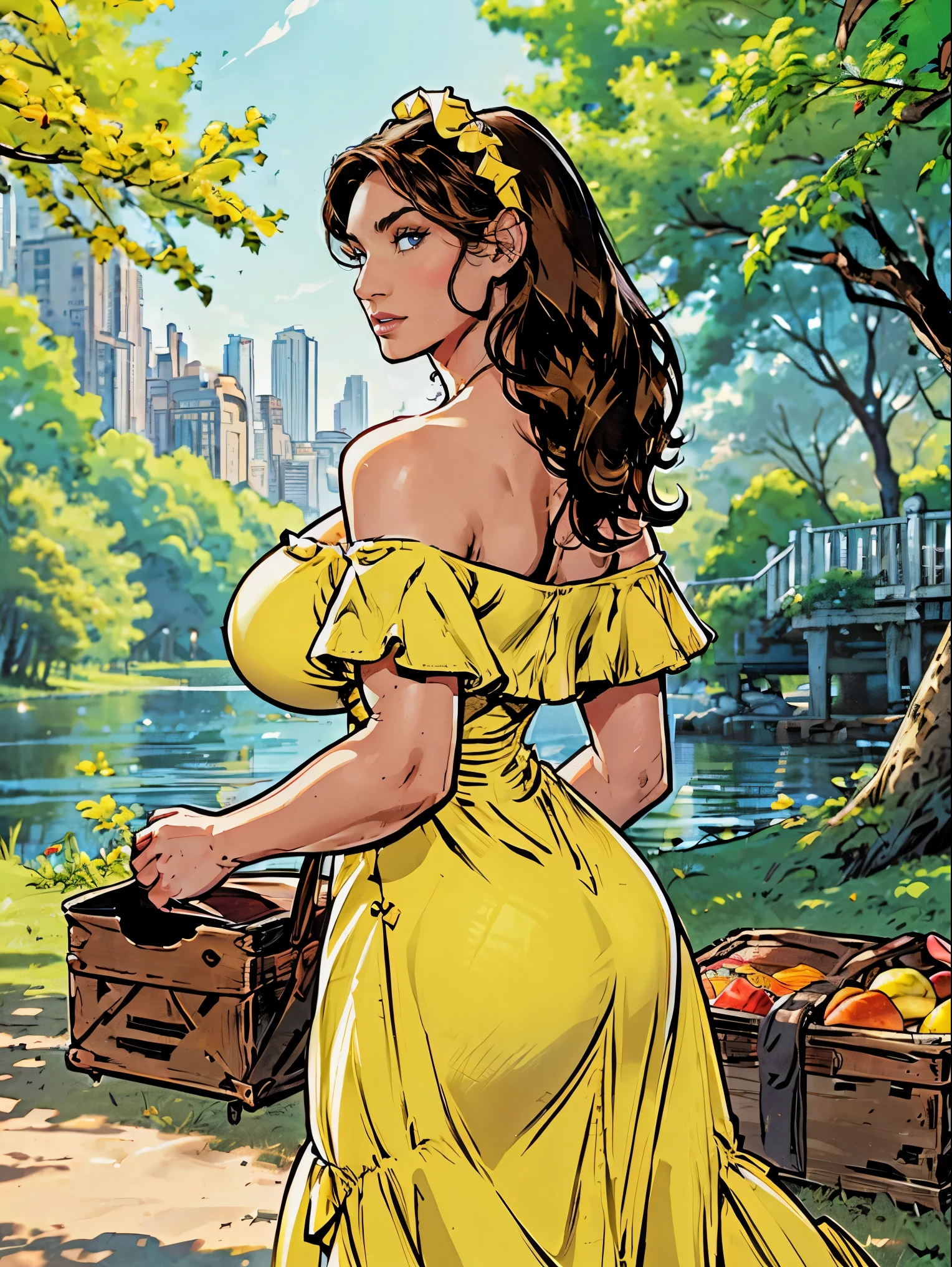 Gorgeous and sultry busty athletic (thin) brunette with sharp facial features and a (large nose) and (huge boobs) wearing a pale yellow off-shoulder ruffled sundress, hairband, long dress, park, lake, picnic