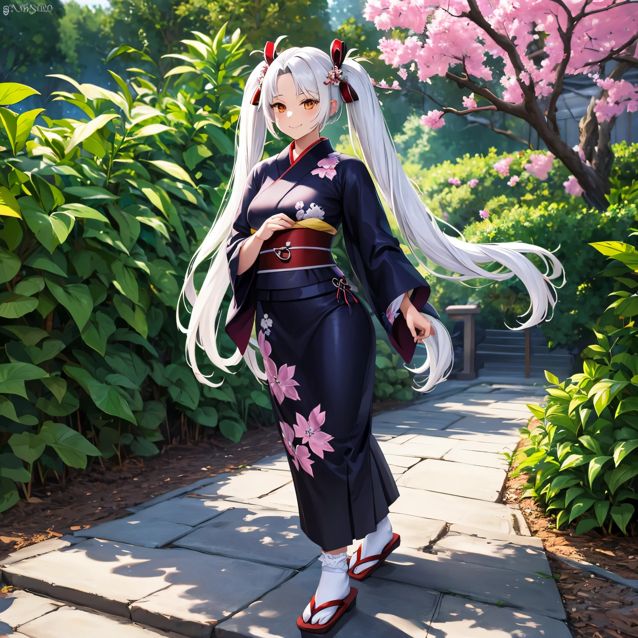 A woman wearing a black long-sleeved Yukata (with a flower design on the yukata), long white socks, traditional Japanese shoes, white fur cape, white hair, pigtails, red bow on the pigtails, red bangs, orange eyes , smiling, walking in an ancient Japanese garden walkway, place with bamboo, sakura tree, full body, shadow, flower, UHD, masterpiece, accurate, anatomically correct, textured skin, super detail, high quality, best quality, 8k, high resolution, bokeh effect. (solo woman)
