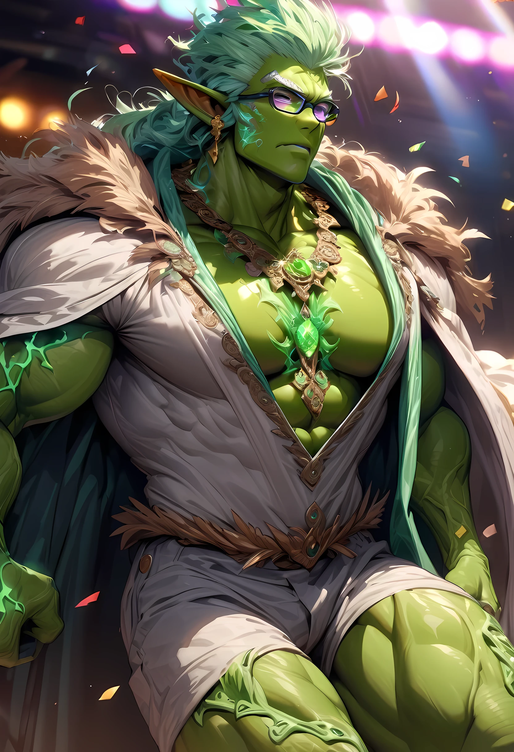 (((intricate design))) (((top quality))) (((16K))) (((High Definition))) 16K splash art (((photorealistic))) high-res, ultra sharp, ((masterpiece)), the best quality, expressive eyes, perfect face, (((druid outfit))) Super eyes, perfectly detailed anatomy (((Volumetric lighting))) (((fluorescent lighting))) (((1Male))) (((Bodybuilder))), (((muscular))), there is a sexy mature man with green paint on his body, slick shaved sides hairstyle, ((thighs)) bodily fluids, round butt, green coloured skin, green skin! (((green coloured skin!!))), (((green skin))). (((green-skinned))), (((elegant robes))) ((green skin with scales)), ((green skin)), windy, (((greenish skin))) plantation on the male body, windy, leaves falling (((a powerful nature deity))), elf ears, druid magic, cell-shaded adult animation, green gem necklace, hot reptile muscular humanoid man, muscular green body. Hazel eyes, glowing veins, nature spirit, long sash, (((partially unbuttoned silk shirt))) (((at a disco))) glitter, glimmer, confetti, ((large glasses)) ((platform shoes)) (((80s disco theme))) wearing puffy athletic pants, disco ball,