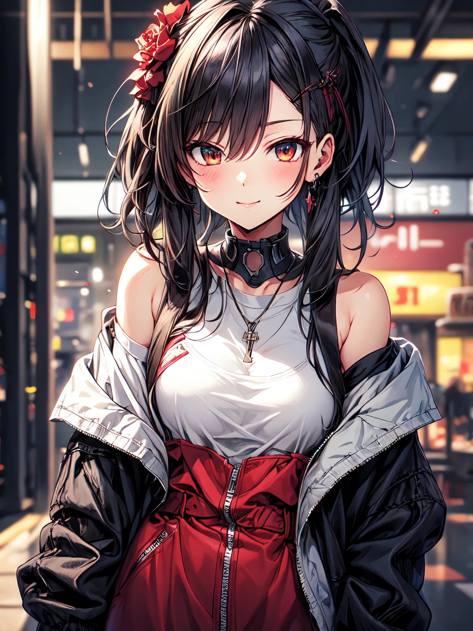 (masterpiece, highest quality, highest quality, (No text), Beautiful and aesthetic:1.2),No text,アニメ、BREAK,One Girl,Black Hair Girl short hair older sister choker Tree Eyes Beautiful eyes Red eyes cool smile Red and Black Black jacket mini skirt whole body In town