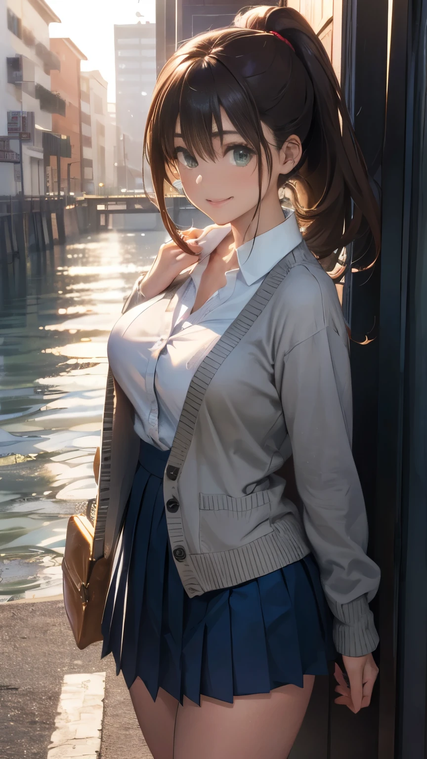 nsfw,(masterpiece:1.2, highest quality), (Realistic, photoRealistic:1.4), Beautiful illustrations, (Natural Side Lighting, Cinema Lighting),
View Viewer, Cowboy Shot, Front view:0.6, 1 girl, Japanese, high school girl, Perfect Face, Cute and symmetrical face, Shiny skin,
(Long Hair:1.4, High Ponytail:1.7, Light brown hair), Hair between the eyes, Emerald green eyes, Long Eyelashes, (Big Breasts:0.9, Thick thighs),
Beautiful Hair, Beautiful Face, Beautiful fine details, Beautiful clavicle, Beautiful body, Beautiful breasts, Beautiful thighs, Beautiful feet, Beautiful fingers,
((White collared shirt with long sleeves, Navy pleated mini skirt, Navy them, Light Gray Cardigan)), Pink Panties,
(Beautiful views), evening, River side, walk, Place your hand on your chest, (Cute smile, Upward glance), She's lifting up her skirt