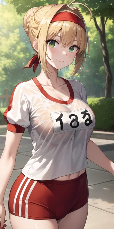 masterpiece, best quality, highres, aanero, ahoge, braid, single hair bun, red headband, green eyes, medium breasts, collarbone, gym uniform, white shirt, short sleeves, name tag, (red buruma:1.2), bare legs, standing, cowboy shot, outdoors, smile,big tits, cleavage ,tight clothes,wet clothes