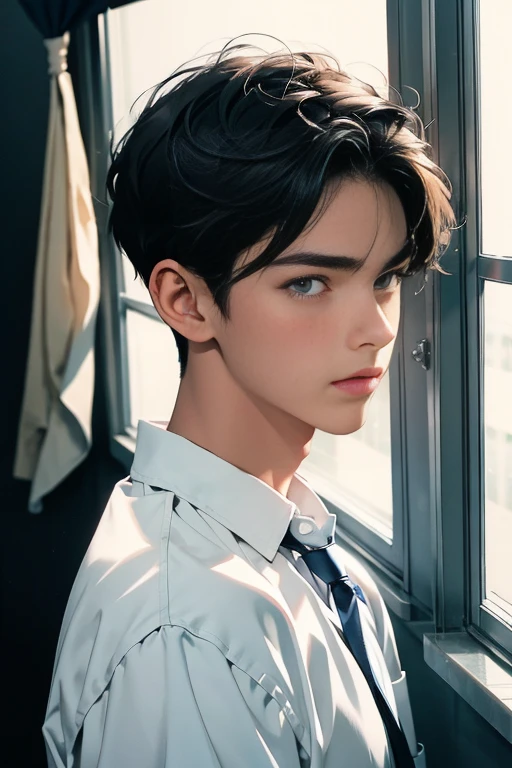 background（High school classroom，Windows，White curtains），masterpiece，Ultra-high resolution，（Reality：1.4），RAW photos，Half-length photo，1 Boy，exist黑暗的夜裡，deep shadow，low pitch，Cold Light，existcredibly handsome，detail，18 years old，Emotional，The face is very clear，exist (blue collar white shirt)