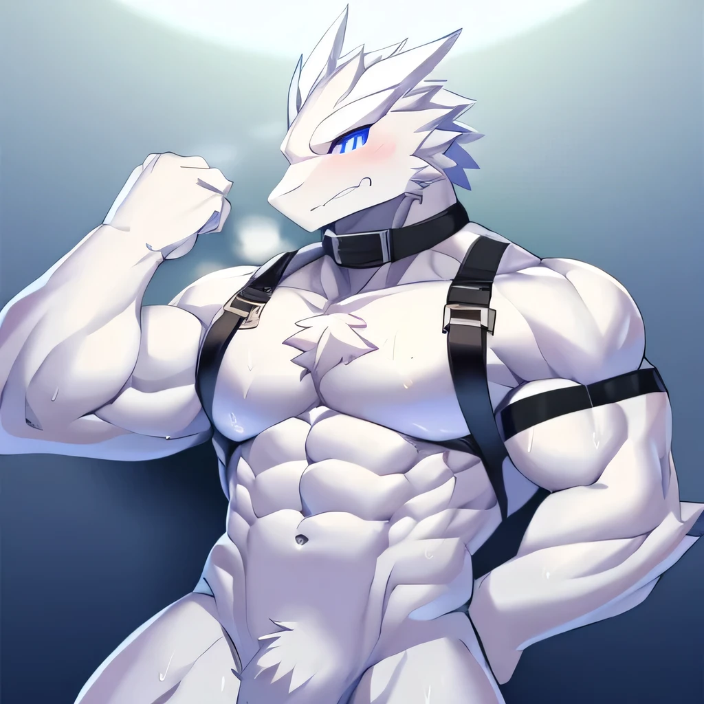 Thin macho white dragon abs Hollow abs thick arms chest rig 、sweaty skin glow profile Wearily short of breath clenching one's back teeth Knees on the floor rubber suit