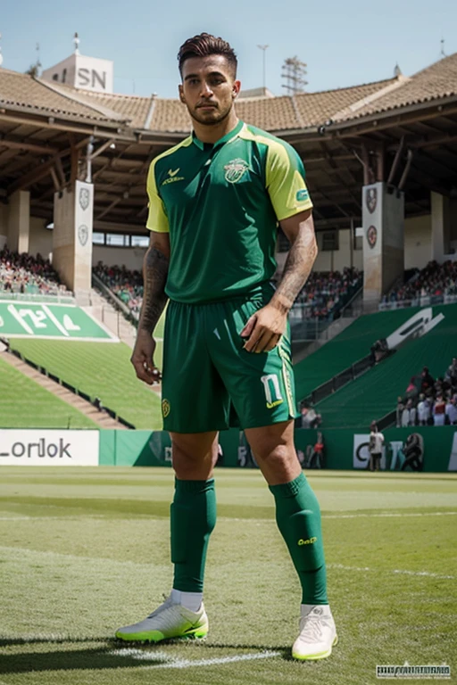 Crea un uniforme de futbol para competencia que el color principal sea el verde cartuja, modelado por un hombre