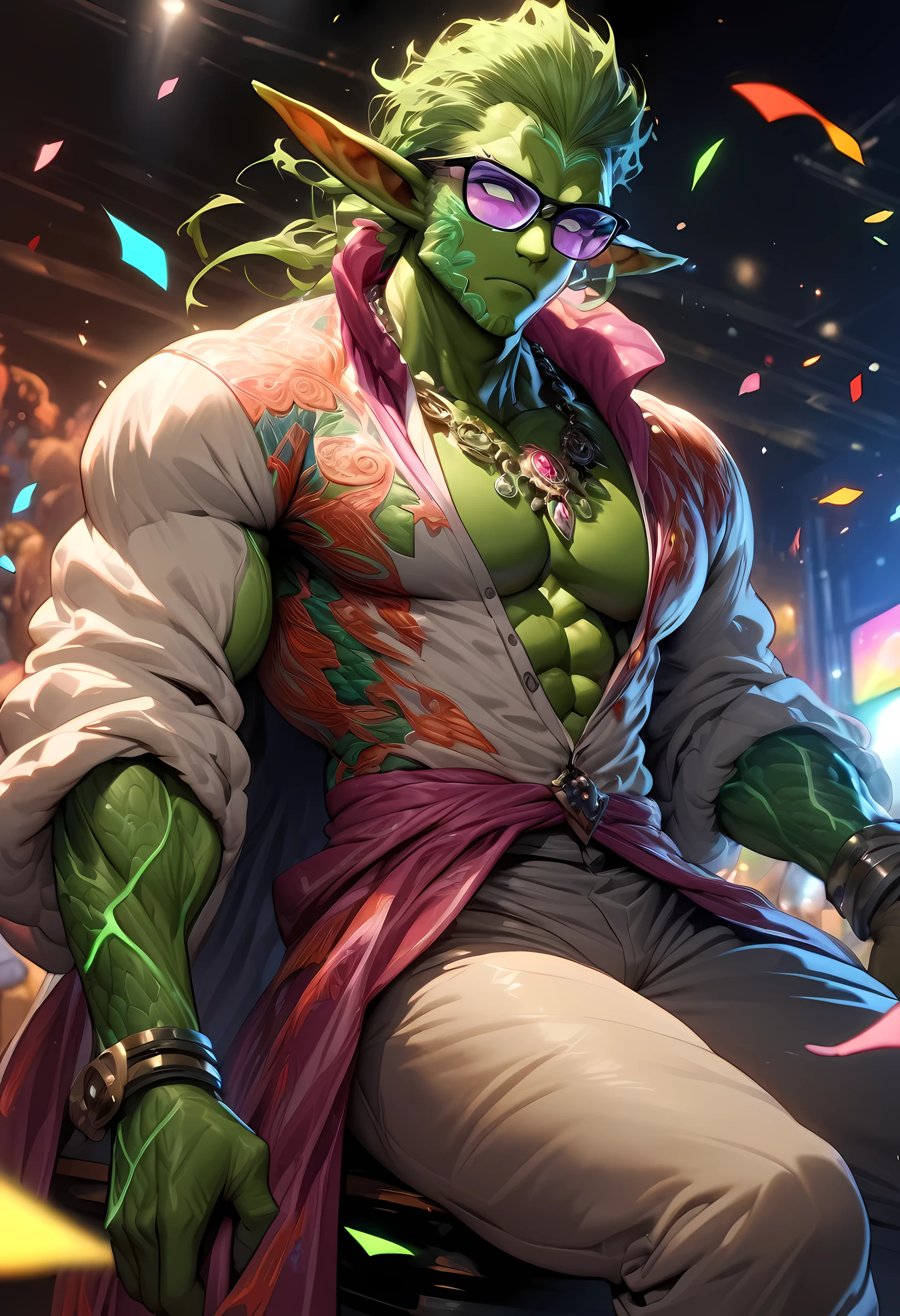 (((intricate design))) (((top quality))) (((16K))) (((High Definition))) 16K splash art (((photorealistic))) high-res, ultra sharp, ((masterpiece)), the best quality, expressive eyes, perfect face, (((puffer jacket))) Super eyes, perfectly detailed anatomy (((Volumetric lighting))) (((fluorescent lighting))) (((1Male))) (((Bodybuilder))), (((muscular))), there is a sexy mature man with green paint on his body, slick shaved sides hairstyle, ((thighs)) bodily fluids, round butt, green coloured skin, green skin! (((green coloured skin!!))), (((green skin))). (((green-skinned))), (((elegant robes))) ((green skin with scales)), ((green skin)), windy, (((greenish skin))) plantation on the male body, windy, leaves falling (((a powerful nature deity))), elf ears, druid magic, cell-shaded adult animation, green gem necklace, hot reptile muscular humanoid man, muscular green body. Hazel eyes, glowing veins, nature spirit, long sash, (((partially unbuttoned silk shirt))) (((at a disco))) glitter, glimmer, confetti, ((large glasses)) ((platform shoes)) (((80s disco theme))) wearing puffy athletic pants, disco ball, (((80s night club))) (((nighttime)))