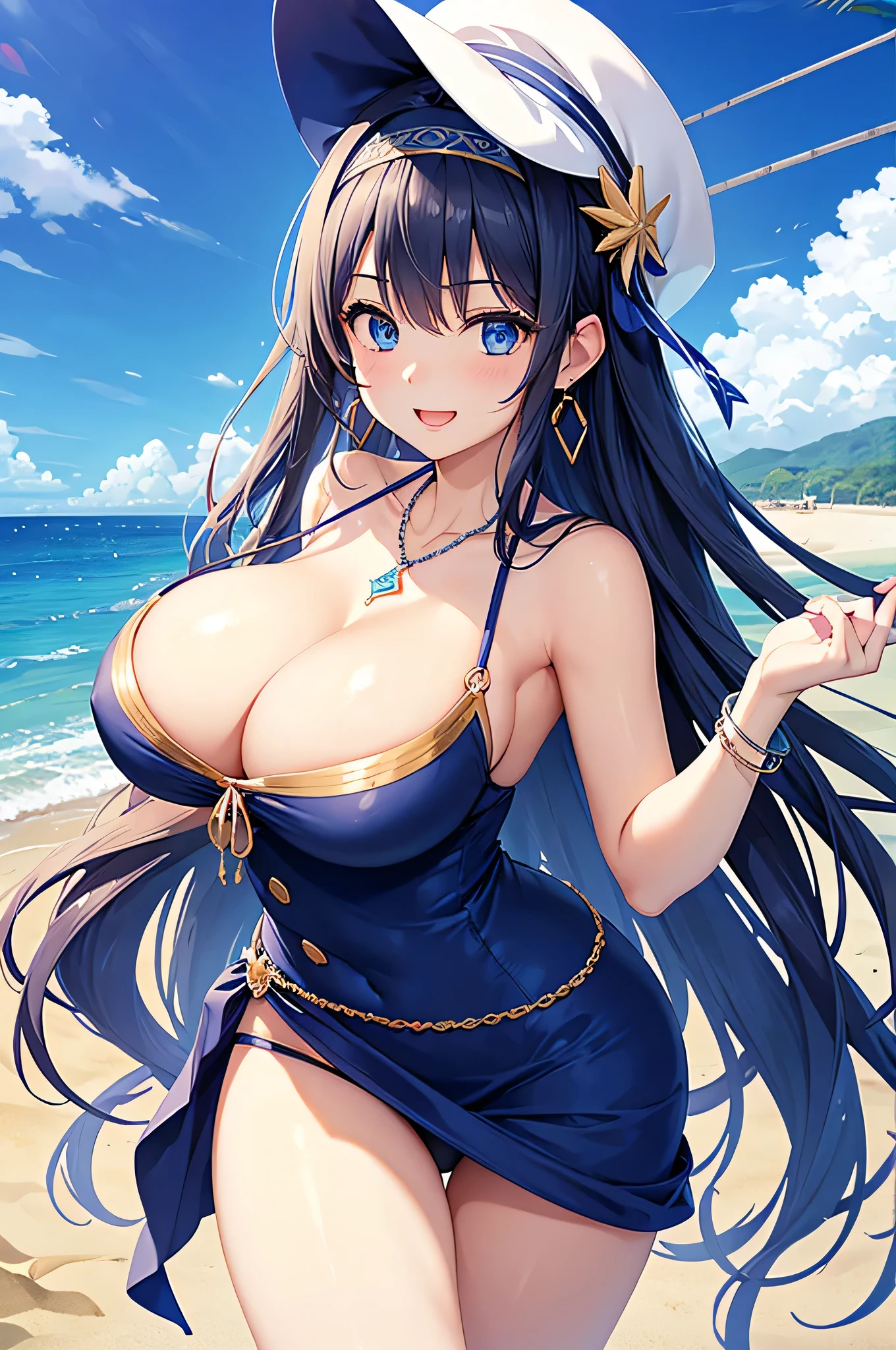 highest quality、Best image quality、masterpiece、beautiful girl、Navy blue long hair、blue eyes、Navy Blue Bikini、Big cleavage、(Big Breasts)、smile、blue necklace、Blue Earrings、background(Beach)、Sexy pose、Please open your mouth wide、White headband、Dynamic Angle、bracelet