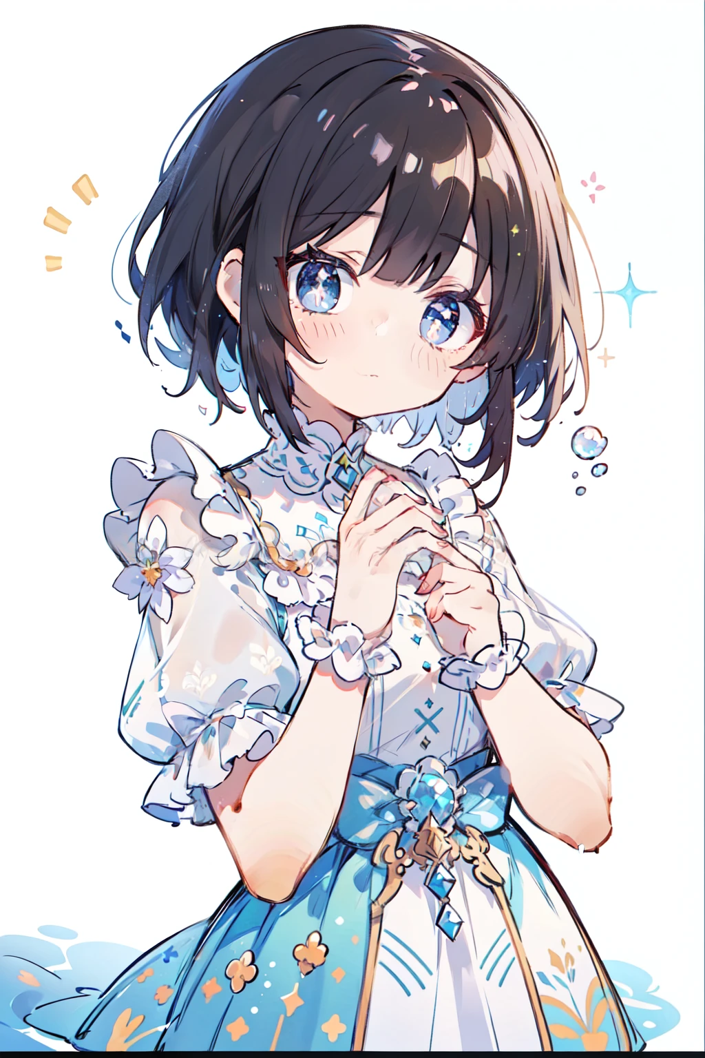 masutepiece, Best Quality, 8K resolution, Sharp Focus, ((full body Esbian、Standing picture:1.2)), intricate detailes, Beautiful Girl, Sparkling eyes, Golden Ratio Face, Otherworldly liquid, watercolor paiting, ((Pastel colors)), Bright colors, capricious, Colorful, Sharp Focus, High resolution, Fine detail, Princess Fantasy Ball Gown, ((Round eyes)), Iridescent bubbles, Castle landscape in the background