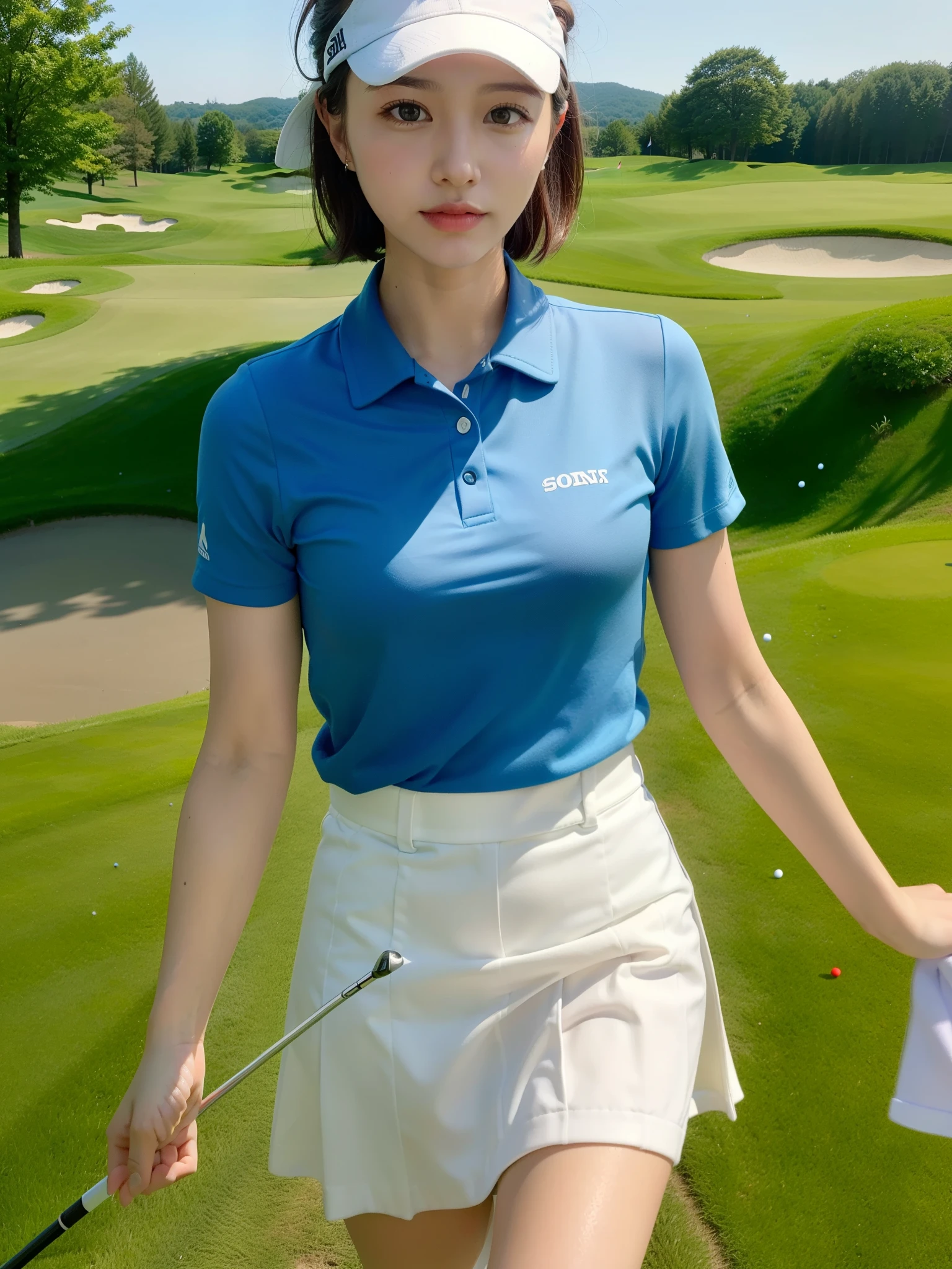 ((Best of the highest quality, 8k, Masterpiece: 1.3, raw photo)), Sharp focus: 1.2, (1 AESPA, slim body type female, 21 y/o: 1.1), (Solo: 1.2), (realistic, photo-realistic:1.37), face focus, cute face, finely eyes, side lighting, using reflectors, (small breasts, flat chest, Thigh: 1.3), (short messy hair, updo: 1.28), (golf wear, skirt, sun visor: 1.32), (ribbon:1.2), walking Golf course, sun light, flower