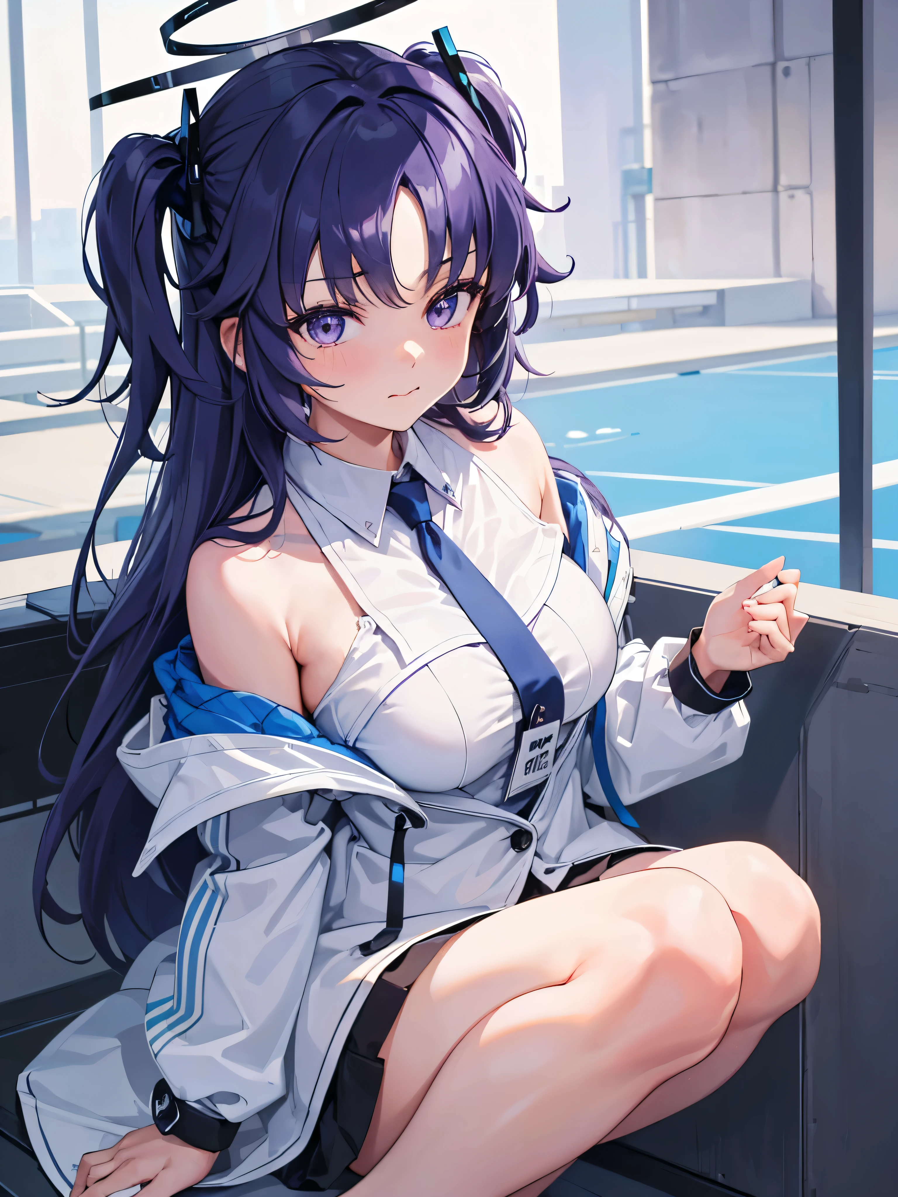(quality, 8K, tmasterpiece, Picture quality, A high resolution, super detailing, hyper HD, (Exquisite and , real looking skin, perfect and beautiful face ,Perfect and cute face, highdetailskin, Perfect limbs)), , 1 sister , Black jacket , Black  shorts , The face is red , Clothes writing , hoop earings , jewely , Gorgeous long purple hair , pony tails, longer sleeves , looking at viewert , Mechanical Aura , middling , with her mouth open , a purple eye , White sneakers , Alone , Sun hat , Viewed from slightly below, Lower bust, Yuka (bluearchive)