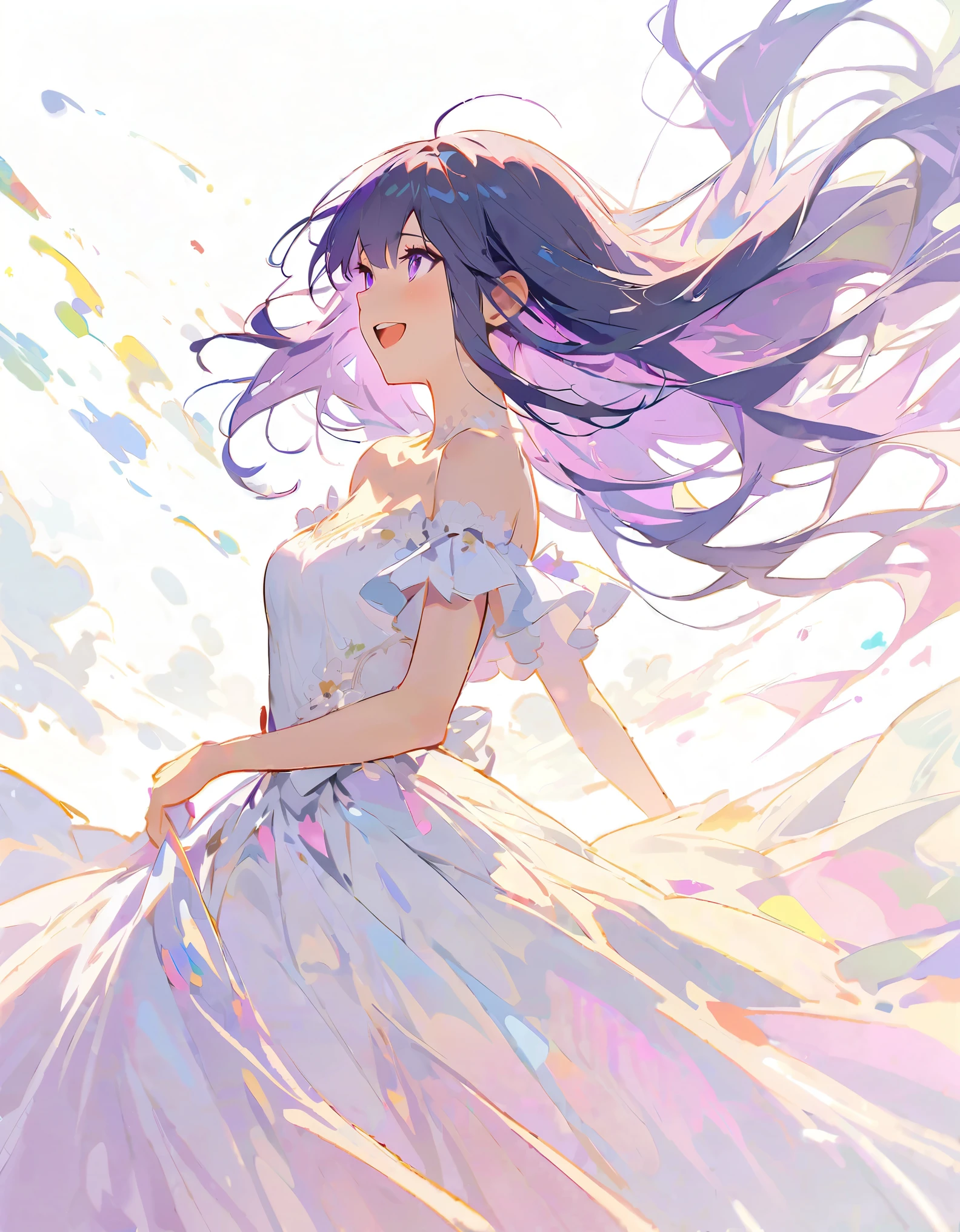 (White Background:1.5)One girl laughing out loud, Beautiful and detailed, Purple long hair, Pale purple eyes, Princess Dress, Side Shot, (null:1.3), Impressionism