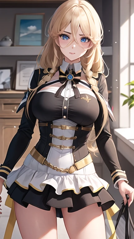 obra maestra, mejor calidad, high resolution,  pelo largo, 1 chica, solo,  bismarck, una mujer vestida de BMR negro_Uniforme sosteniendo una espada, Medalla en el hombro izquierdo, hasta_tiene, guante blanco,