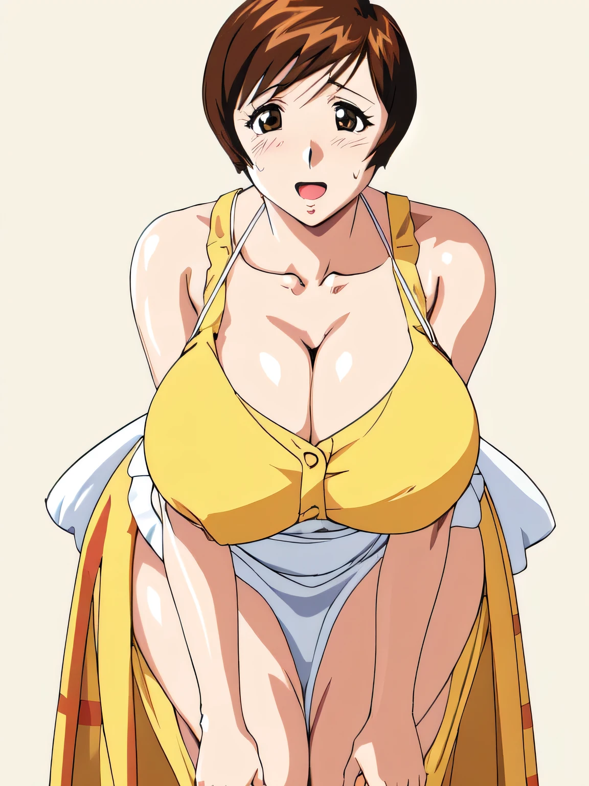 masterpiece, highest quality, High resolution, One girl, alone, alone, short hair, etsukoto, Fine grain, Fine grain, (((Thick thighs, Plump thighs, Voluptuous thighs, Enough thighs))), Big and ample breasts, Cleavage, Huge long breasts, Naughty big,((Big breasts are important))、((Naughty thighs)), L Cup, (thin:1.4),(Narrow waist:1.4), (Perfect beautiful yellow dress:1.4), ((white waist apron)), Sexually excited expression, (((Simple Background))), White panties, ((Wide Hips)), Shiny, oily skin, Mature mother, Calf, Seductive mature woman, Perfect body, Plus Size Model, etsukoto, blush, clavicle, retro artstyle, 1990s (style), upper body, (((bent over))), ((((bare breasts)))), loosed dress, ((nsfw)),