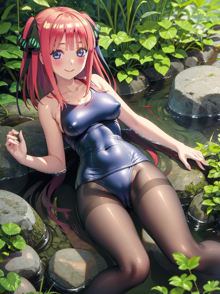 best quality, ultra-detailed masterpiece, nsfw, nino nakano, one-piece swimsuit, breasts, pantyhose, blush, smile, terrace, forest