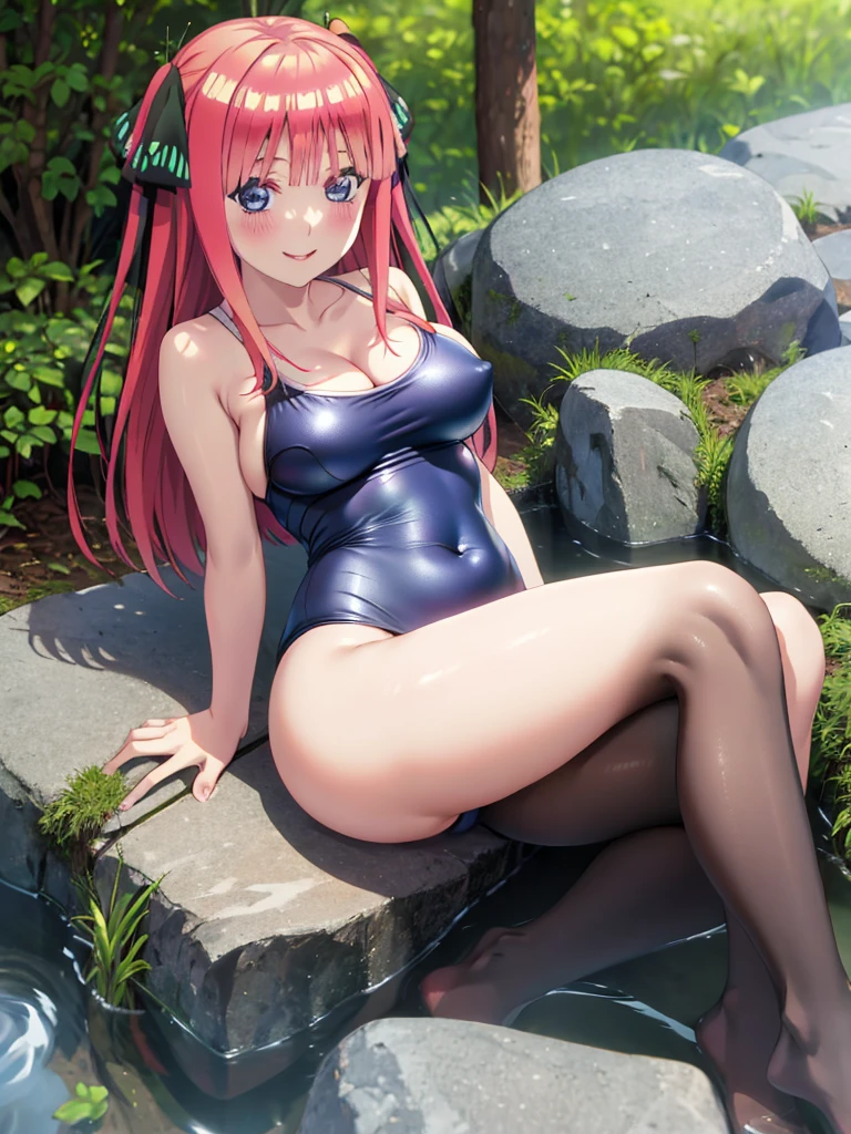 best quality, ultra-detailed masterpiece, nsfw, nino nakano, one-piece swimsuit, breasts, pantyhose, blush, smile, terrace, forest