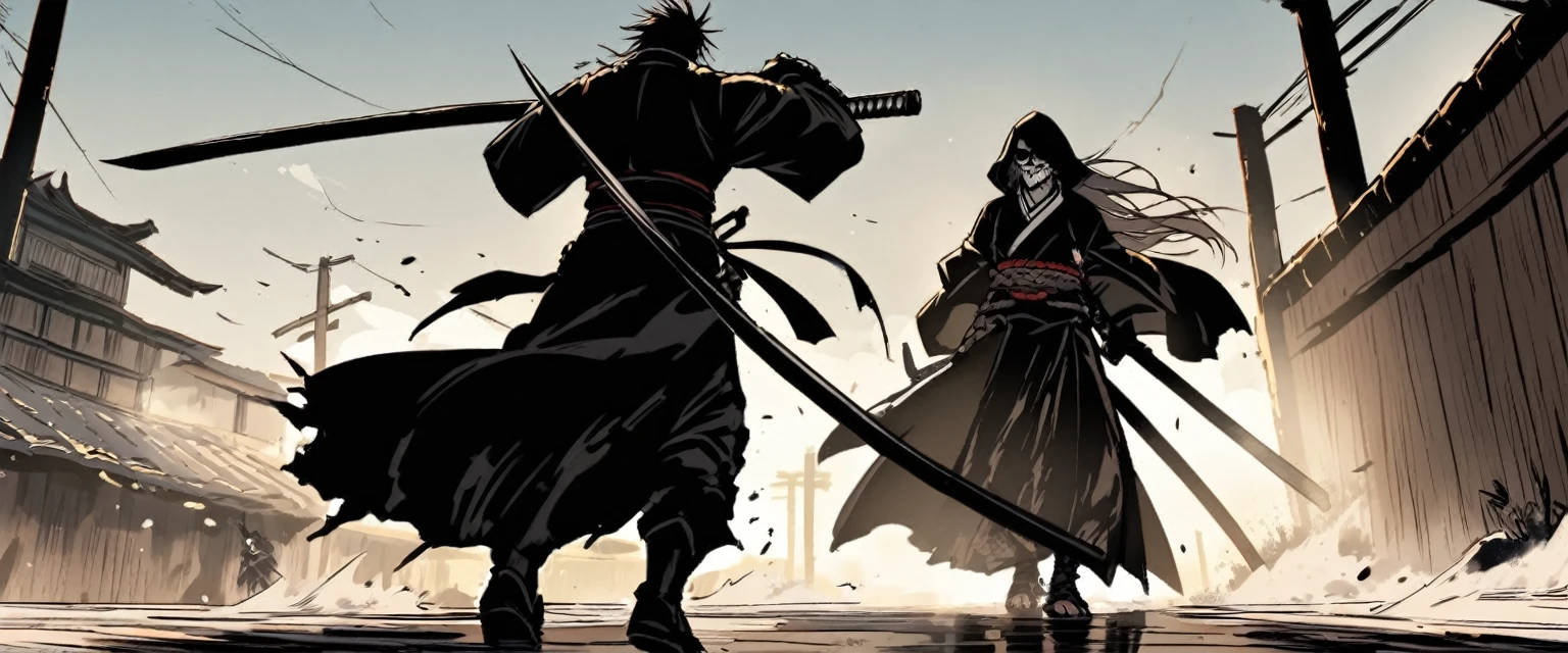 A battered dangerous Samurai raises his weapon in defiance, a black grim reaper is approaching intent on claiming he woman at the Samurai's feet