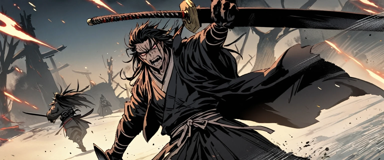 A battered dangerous Samurai raises his weapon in defiance, a black grim reaper is approaching intent on claiming he woman at the Samurai's feet