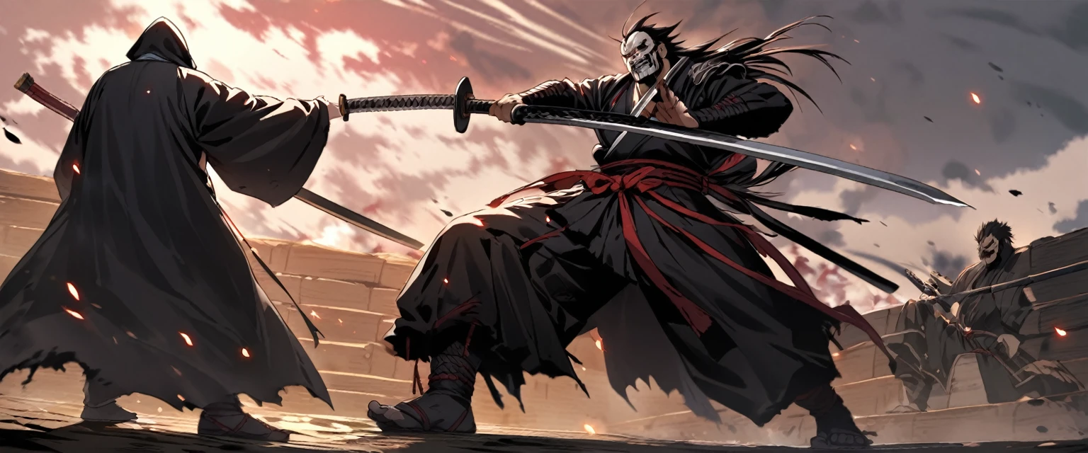 A battered dangerous Samurai raises his weapon in defiance, a black grim reaper is approaching intent on claiming he woman at the Samurai's feet