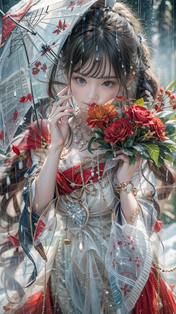 (RAW shooting, Detailed:1.3, 32k:1.5, highest quality, masterpiece, Ultra-high resolution), Perfect dynamic composition:1.3, (heavy snow, On the Cliff:0.7, Majestic Background:0.7, Expressions of sadness:0.9), 非常にDetailed肌と顔の質感:1.3, Wet slim woman:1.0, Random Shot, Fair skin:1.2, Mystical Expressions:1.0, Incredibly slim body:1.2, Fractal Art:1.1, Very beautiful face:1.1, Water droplets on the skin, (Rain drips down on my body:1.1, Wet body:1.1, Wet Hair:1.1), (Standing Pro:0.8, With a wet bouquet:0.9, Beautiful red maxi dress portrait:1.0, Woven Belt), Shapely breasts, (Big eyes that exude beautiful eroticism:0.5, Lips that exude beautiful eroticism:0.5), I love you, Very sweet atmosphere, necklace, Earrings, bracelet