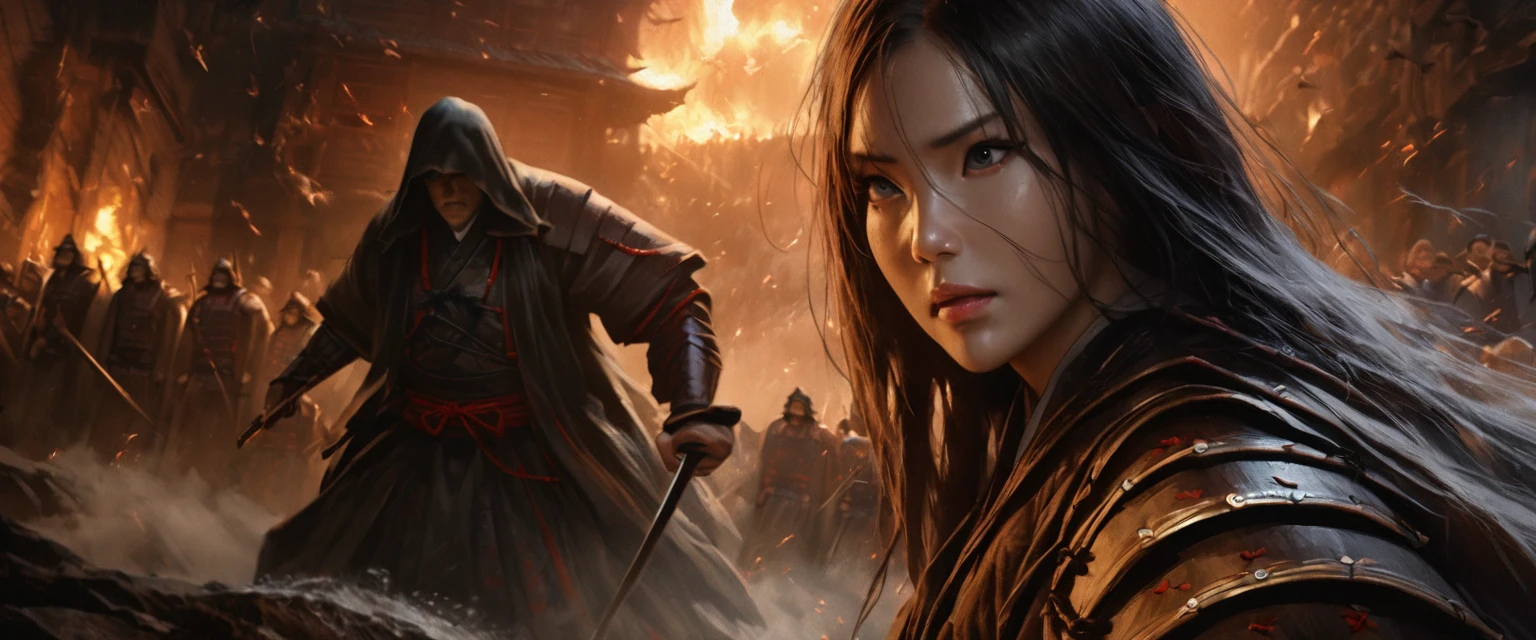 A battered dangerous Samurai, a black grim reaper approaching, a woman at the Samurai's feet, detailed eyes and face for the Samurai, detailed eyes and lips for the woman, sword raised in defiance, dark and menacing atmosphere, intense lighting, oil painting style, high-quality 4k resolution, intense emotions, dynamic pose, haunting background, realistic and photorealistic depiction, vivid colors, dramatic shadows, sharp focus, powerful composition, textured brushstrokes, atmospheric perspective, epic battle scene, mystical aura, Japanese aesthetics, traditional armor, distressed and worn-out appearance, intricate details on the Samurai's armor and weapon, ethereal presence, suspenseful ambiance, selective lighting highlighting key elements, compelling storytelling, cinematic style, contrasting light and dark tones, tension and danger in the air, visual storytelling, sinister and ominous presence, cinematic framing, emotional intensity.
(best quality, 4k, highres, masterpiece:1.2), ultra-detailed, realistic (photo-realistic:1.37)
samurai, grim reaper, woman, eyes, face, lips, sword, dangerous, defiance, grim, intense, oil painting, atmosphere, lighting, powerful, composition, brushstrokes, dramatic, shadows, epic battle, mystical, Japanese, armor, ethereal, suspenseful, cinematic, tension, danger, sinister, visual storytelling, cinematic framing