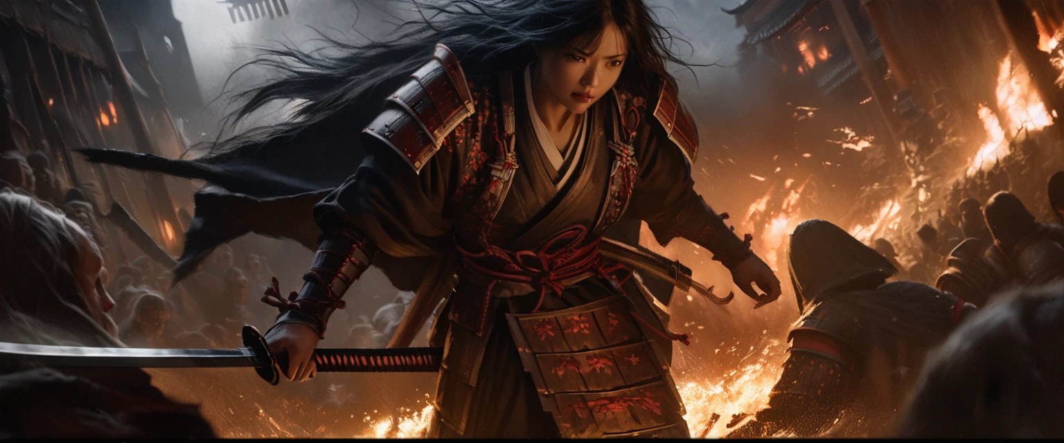 A battered dangerous Samurai, a black grim reaper approaching, a woman at the Samurai's feet, detailed eyes and face for the Samurai, detailed eyes and lips for the woman, sword raised in defiance, dark and menacing atmosphere, intense lighting, oil painting style, high-quality 4k resolution, intense emotions, dynamic pose, haunting background, realistic and photorealistic depiction, vivid colors, dramatic shadows, sharp focus, powerful composition, textured brushstrokes, atmospheric perspective, epic battle scene, mystical aura, Japanese aesthetics, traditional armor, distressed and worn-out appearance, intricate details on the Samurai's armor and weapon, ethereal presence, suspenseful ambiance, selective lighting highlighting key elements, compelling storytelling, cinematic style, contrasting light and dark tones, tension and danger in the air, visual storytelling, sinister and ominous presence, cinematic framing, emotional intensity. 

(best quality, 4k, highres, masterpiece:1.2), ultra-detailed, realistic (photo-realistic:1.37)
samurai, grim reaper, woman, eyes, face, lips, sword, dangerous, defiance, grim, intense, oil painting, atmosphere, lighting, powerful, composition, brushstrokes, dramatic, shadows, epic battle, mystical, Japanese, armor, ethereal, suspenseful, cinematic, tension, danger, sinister, visual storytelling, cinematic framing