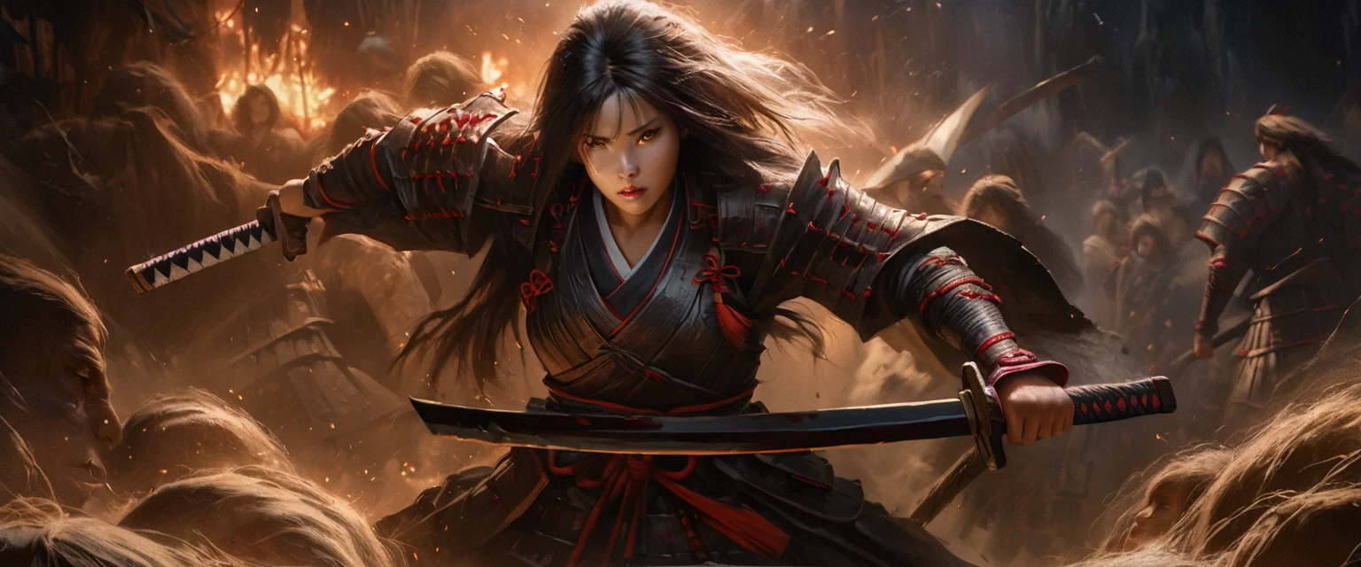 A battered dangerous Samurai, a black grim reaper approaching, a woman at the Samurai's feet, detailed eyes and face for the Samurai, detailed eyes and lips for the woman, sword raised in defiance, dark and menacing atmosphere, intense lighting, oil painting style, high-quality 4k resolution, intense emotions, dynamic pose, haunting background, realistic and photorealistic depiction, vivid colors, dramatic shadows, sharp focus, powerful composition, textured brushstrokes, atmospheric perspective, epic battle scene, mystical aura, Japanese aesthetics, traditional armor, distressed and worn-out appearance, intricate details on the Samurai's armor and weapon, ethereal presence, suspenseful ambiance, selective lighting highlighting key elements, compelling storytelling, cinematic style, contrasting light and dark tones, tension and danger in the air, visual storytelling, sinister and ominous presence, cinematic framing, emotional intensity.
(best quality, 4k, highres, masterpiece:1.2), ultra-detailed, realistic (photo-realistic:1.37)
samurai, grim reaper, woman, eyes, face, lips, sword, dangerous, defiance, grim, intense, oil painting, atmosphere, lighting, powerful, composition, brushstrokes, dramatic, shadows, epic battle, mystical, Japanese, armor, ethereal, suspenseful, cinematic, tension, danger, sinister, visual storytelling, cinematic framing