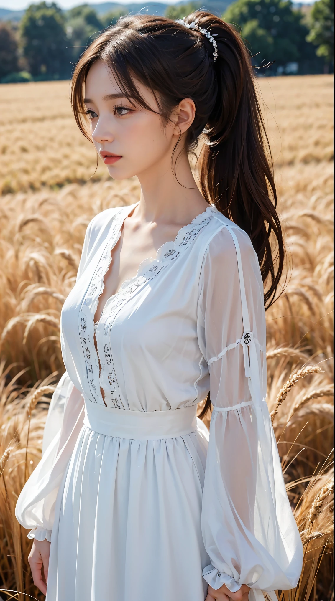 (masterpiece:1.4),, (highest quality:1.4),, Ultra-high resolution,, 8k, CG,, (Very delicate and beautiful:1.2),, , Upper Body,, From the side,, View Viewer,, , One girl,, alone,, Robber Girl,, Mature Girls,, , cute, sweet,, , In the wheat field,, Blurred Background,, , Long brown hair,, ponytail,, , Brown eyes,, Mouth closed,, Red lips,, , Face blown by the wind,, , White Dress,, Medium chest,