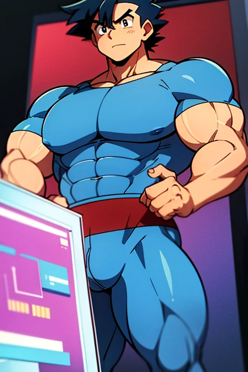 Ash Ketchum staring hypnotized at a monitor displaying a hypnotic spiral. Flexing muscles. Hyper muscles. Big pecs. Broad shoulders. Big biceps. Big triceps. Big traps. Hyper crotch bulge. Dumb jock bodybuilder bro. Brainwashing.