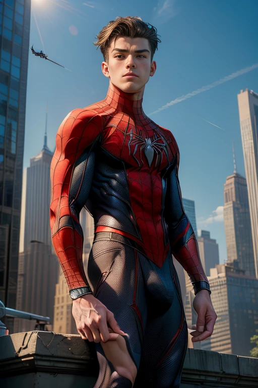 (masterpiece, high resolution, detailed:1.3), Amidst the towering skyscrapers of New York City, a young ((Spider-Man)) perches, ((shirtless:1.5)), revealing a toned physique honed from countless acrobatic swings between buildings. Even ((without the full suit)), the ((iconic spider emblem:1.3)) is prominent ((on his chest:1.3)), standing out against his sun-kissed skin.