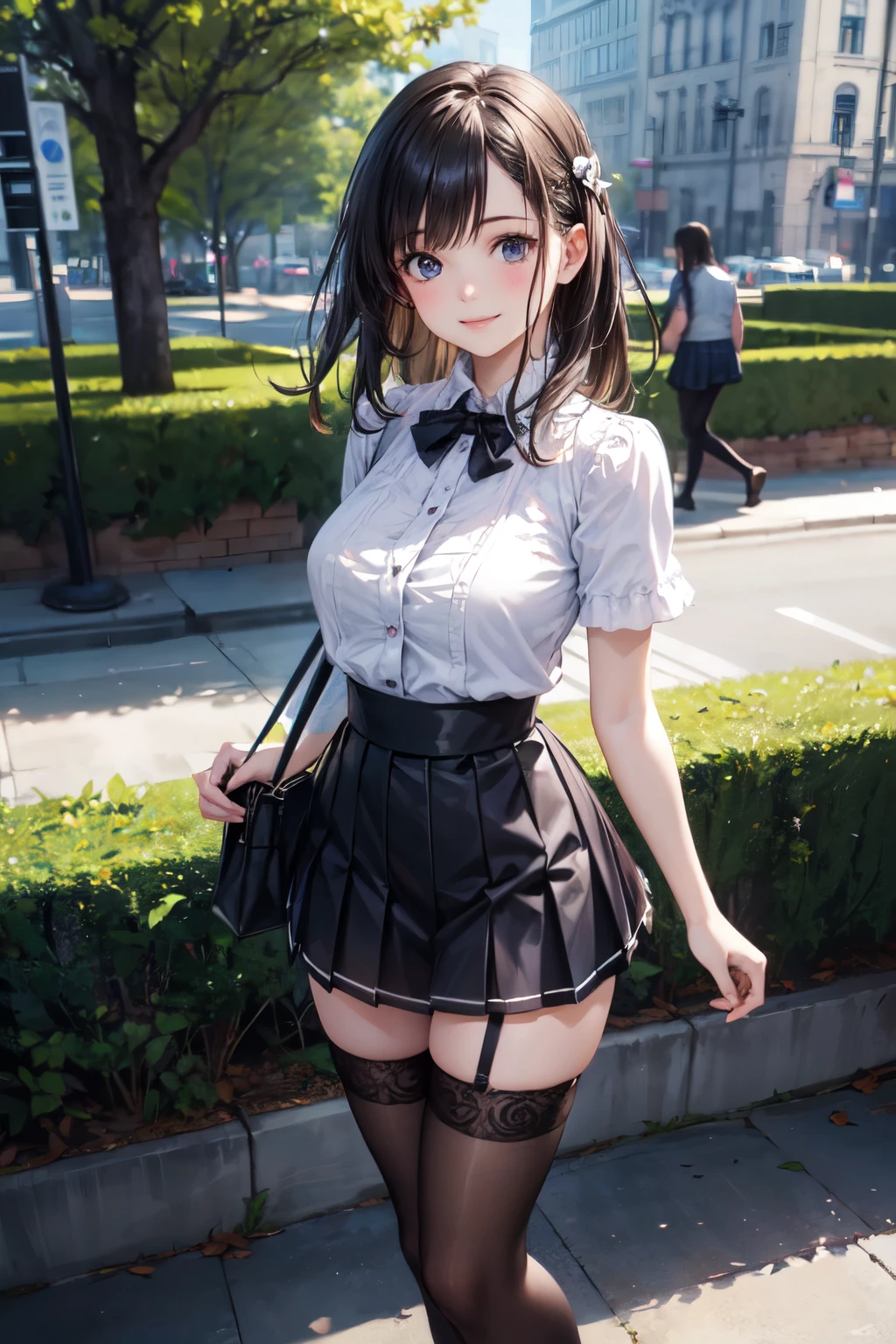 very cute and beautiful girl,(highly detailed beautiful face),
standing,park garden,frilled white blouse,short sleeve,pleated black mini skirt,black thigh high stockings,
(smile),looking at viewer,holding bag,black hair,
(best quality,masterpiece),absurdres,highres,ultra-detailed,extremely detailed,32k,8k resolution,
intricate details,cinematic scene,detailed background,solo,dynamic angle,realistic,