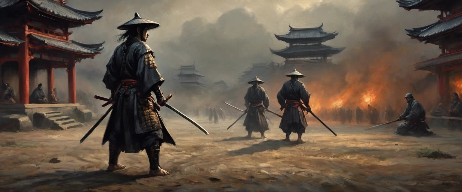 A battered dangerous Samurai, a black grim reaper approaching, a woman at the Samurai's feet, detailed eyes and face for the Samurai, detailed eyes and lips for the woman, sword raised in defiance, dark and menacing atmosphere, intense lighting, oil painting style, high-quality 4k resolution, intense emotions, dynamic pose, haunting background, realistic and photorealistic depiction, vivid colors, dramatic shadows, sharp focus, powerful composition, textured brushstrokes, atmospheric perspective, epic battle scene, mystical aura, Japanese aesthetics, traditional armor, distressed and worn-out appearance, intricate details on the Samurai's armor and weapon, ethereal presence, suspenseful ambiance, selective lighting highlighting key elements, compelling storytelling, cinematic style, contrasting light and dark tones, tension and danger in the air, visual storytelling, sinister and ominous presence, cinematic framing, emotional intensity. (best quality, 4k, highres, masterpiece:1.2), ultra-detailed, realistic (photo-realistic:1.37) samurai, grim reaper, woman, eyes, face, lips, sword, dangerous, defiance, grim, intense, oil painting, atmosphere, lighting, powerful, composition, brushstrokes, dramatic, shadows, epic battle, 