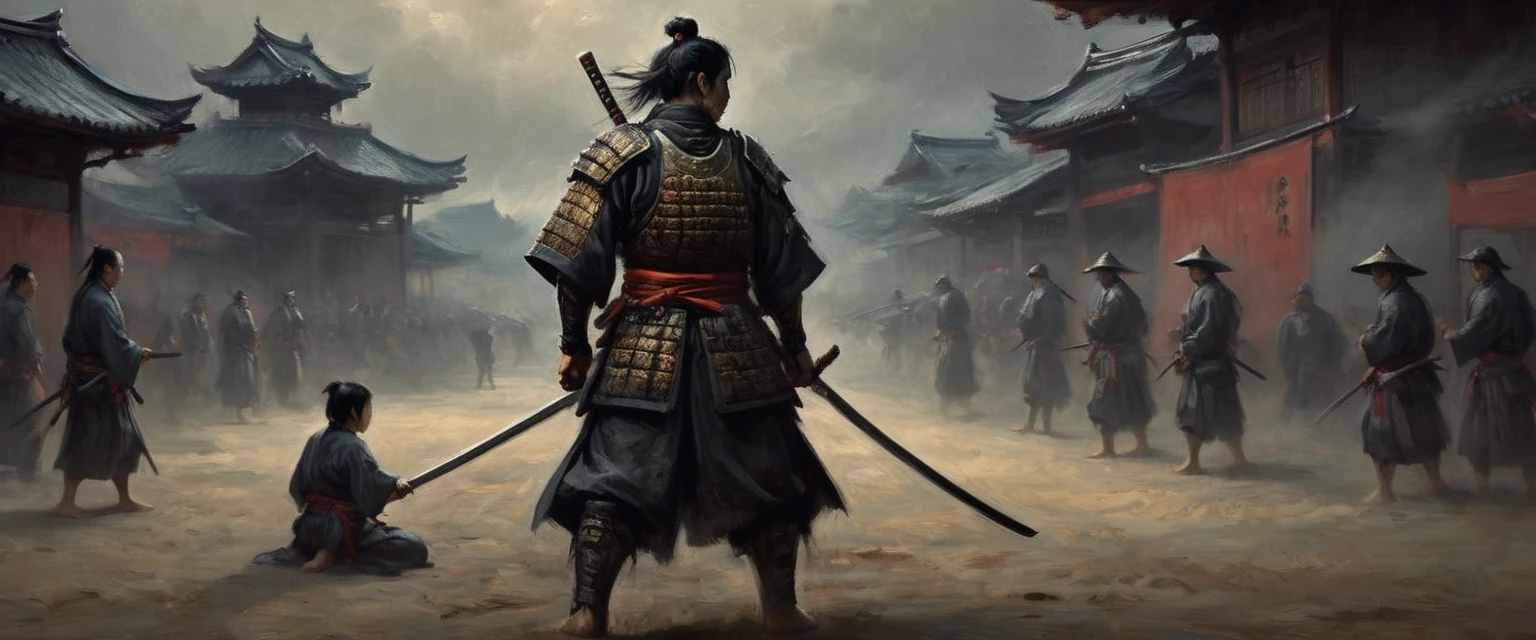 A battered dangerous Samurai, a black grim reaper approaching, a woman at the Samurai's feet, detailed eyes and face for the Samurai, detailed eyes and lips for the woman, sword raised in defiance, dark and menacing atmosphere, intense lighting, oil painting style, high-quality 4k resolution, intense emotions, dynamic pose, haunting background, realistic and photorealistic depiction, vivid colors, dramatic shadows, sharp focus, powerful composition, textured brushstrokes, atmospheric perspective, epic battle scene, mystical aura, Japanese aesthetics, traditional armor, distressed and worn-out appearance, intricate details on the Samurai's armor and weapon, ethereal presence, suspenseful ambiance, selective lighting highlighting key elements, compelling storytelling, cinematic style, contrasting light and dark tones, tension and danger in the air, visual storytelling, sinister and ominous presence, cinematic framing, emotional intensity. (best quality, 4k, highres, masterpiece:1.2), ultra-detailed, realistic (photo-realistic:1.37) samurai, grim reaper, woman, eyes, face, lips, sword, dangerous, defiance, grim, intense, oil painting, atmosphere, lighting, powerful, composition, brushstrokes, dramatic, shadows, epic battle,