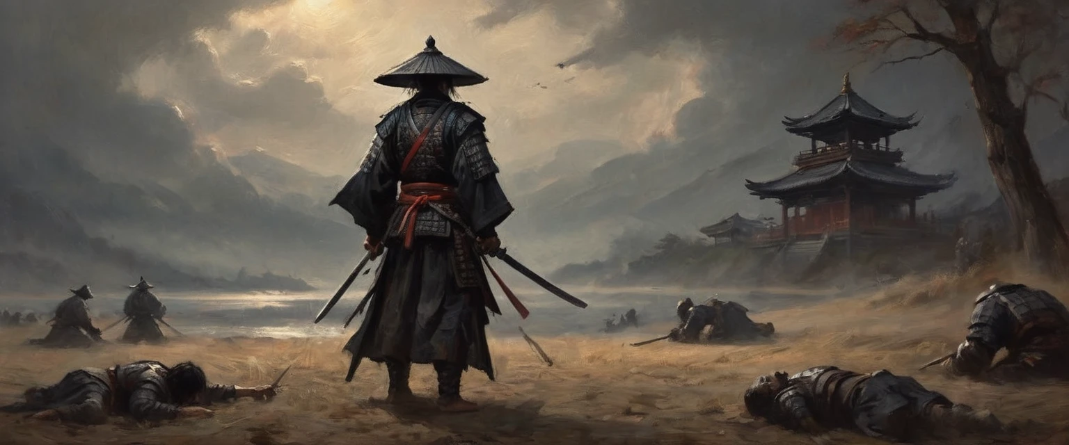 A battered dangerous Samurai, a black grim reaper approaching, a woman at the Samurai's feet, detailed eyes and face for the Samurai, detailed eyes and lips for the woman, sword raised in defiance, dark and menacing atmosphere, intense lighting, oil painting style, high-quality 4k resolution, intense emotions, dynamic pose, haunting background, realistic and photorealistic depiction, vivid colors, dramatic shadows, sharp focus, powerful composition, textured brushstrokes, atmospheric perspective, epic battle scene, mystical aura, Japanese aesthetics, traditional armor, distressed and worn-out appearance, intricate details on the Samurai's armor and weapon, ethereal presence, suspenseful ambiance, selective lighting highlighting key elements, compelling storytelling, cinematic style, contrasting light and dark tones, tension and danger in the air, visual storytelling, sinister and ominous presence, cinematic framing, emotional intensity. (best quality, 4k, highres, masterpiece:1.2), ultra-detailed, realistic (photo-realistic:1.37) samurai, grim reaper, woman, eyes, face, lips, sword, dangerous, defiance, grim, intense, oil painting, atmosphere, lighting, powerful, composition, brushstrokes, dramatic, shadows, epic battle, 