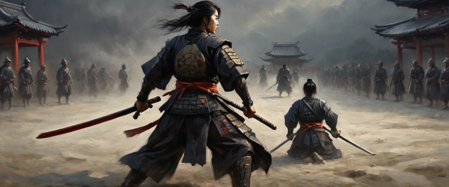 A battered dangerous Samurai, a black grim reaper approaching, a woman at the Samurai's feet, detailed eyes and face for the Samurai, detailed eyes and lips for the woman, sword raised in defiance, dark and menacing atmosphere, intense lighting, oil painting style, high-quality 4k resolution, intense emotions, dynamic pose, haunting background, realistic and photorealistic depiction, vivid colors, dramatic shadows, sharp focus, powerful composition, textured brushstrokes, atmospheric perspective, epic battle scene, mystical aura, Japanese aesthetics, traditional armor, distressed and worn-out appearance, intricate details on the Samurai's armor and weapon, ethereal presence, suspenseful ambiance, selective lighting highlighting key elements, compelling storytelling, cinematic style, contrasting light and dark tones, tension and danger in the air, visual storytelling, sinister and ominous presence, cinematic framing, emotional intensity. (best quality, 4k, highres, masterpiece:1.2), ultra-detailed, realistic (photo-realistic:1.37) samurai, grim reaper, woman, eyes, face, lips, sword, dangerous, defiance, grim, intense, oil painting, atmosphere, lighting, powerful, composition, brushstrokes, dramatic, shadows, epic battle, 