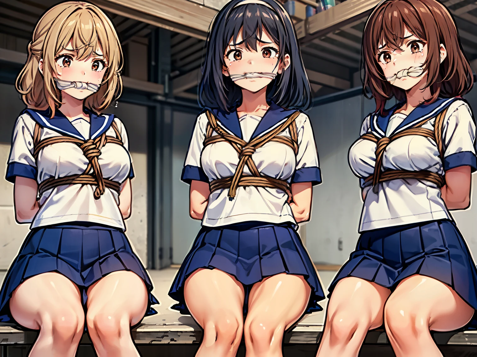 clv, ((Four high school girls)), ((Cross-legged binding)), ((Imprisoned in a warehouse)), ((4 women)), (Highly detailed CG Unity 8k), (highest quality), (Very detailed), (Ultra-high resolution), gag,Sailor suit, rope bondage, breasts rope bondage, hands back rope bondage, leg rope bondage, thigh rope bondage, bust rope bondage, feet rope bondage, ((Hands behind the back)), ((Wrists tied behind back)), ((Ankle binding)), 白い布でgag, Navy Blue Skirt, The first one has long black hair, The second person has brown hair and a bob cut., The third person has medium-long red hair., The fourth person is a silver-haired ponytail., BDSM, ((head band)), Crying face, Four people huddle together, Looking down from above at an angle, 