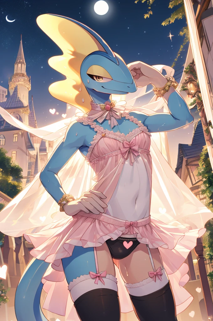 highest quality、Inteleon male in sexy revealing micro underwear、Sweat、Embarrassing、Gay、Moonlit Night Background、Crotch close-up、cute、Knee-high socks、Heart symbol、White Breath、Obscene pose、Pink steam、、Man wearing panties、strip、Large bulging crotch、garter belt、Veil、Pink Condom Tent、Man wearing frilly dress、Like a magical girl