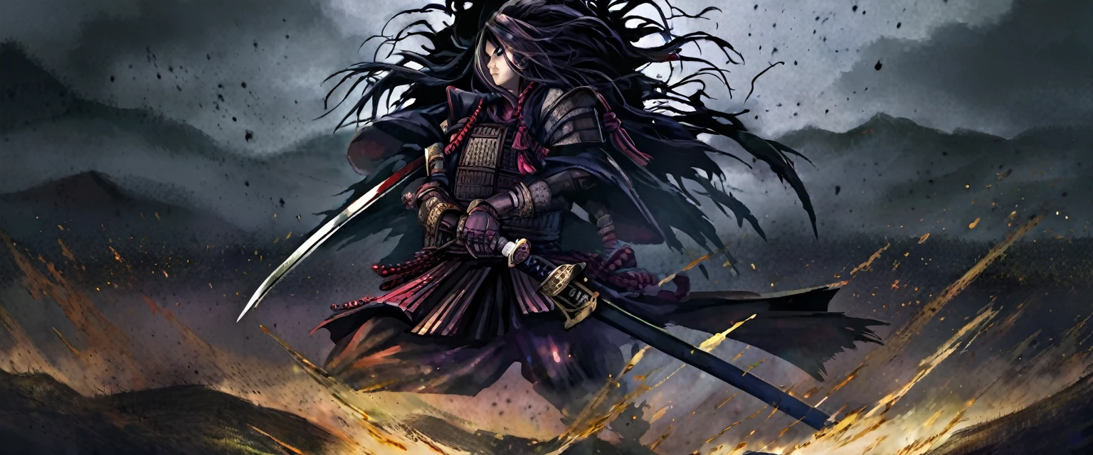 A battered dangerous Samurai, a black grim reaper approaching, a woman at the Samurai's feet, detailed eyes and face for the Samurai, detailed eyes and lips for the woman, sword raised in defiance, dark and menacing atmosphere, intense lighting, oil painting style, high-quality 4k resolution, intense emotions, dynamic pose, haunting background, realistic and photorealistic depiction, vivid colors, dramatic shadows, sharp focus, powerful composition, textured brushstrokes, atmospheric perspective, epic battle scene, mystical aura, Japanese aesthetics, traditional armor, distressed and worn-out appearance, intricate details on the Samurai's armor and weapon, ethereal presence, suspenseful ambiance, selective lighting highlighting key elements, compelling storytelling, cinematic style, contrasting light and dark tones, tension and danger in the air, visual storytelling, sinister and ominous presence, cinematic framing, emotional intensity. (best quality, 4k, highres, masterpiece:1.2), ultra-detailed, realistic (photo-realistic:1.37) samurai, grim reaper, woman, eyes, face, lips, sword, dangerous, defiance, grim, intense, oil painting, atmosphere, lighting, powerful, composition, brushstrokes, dramatic, shadows, epic battle,